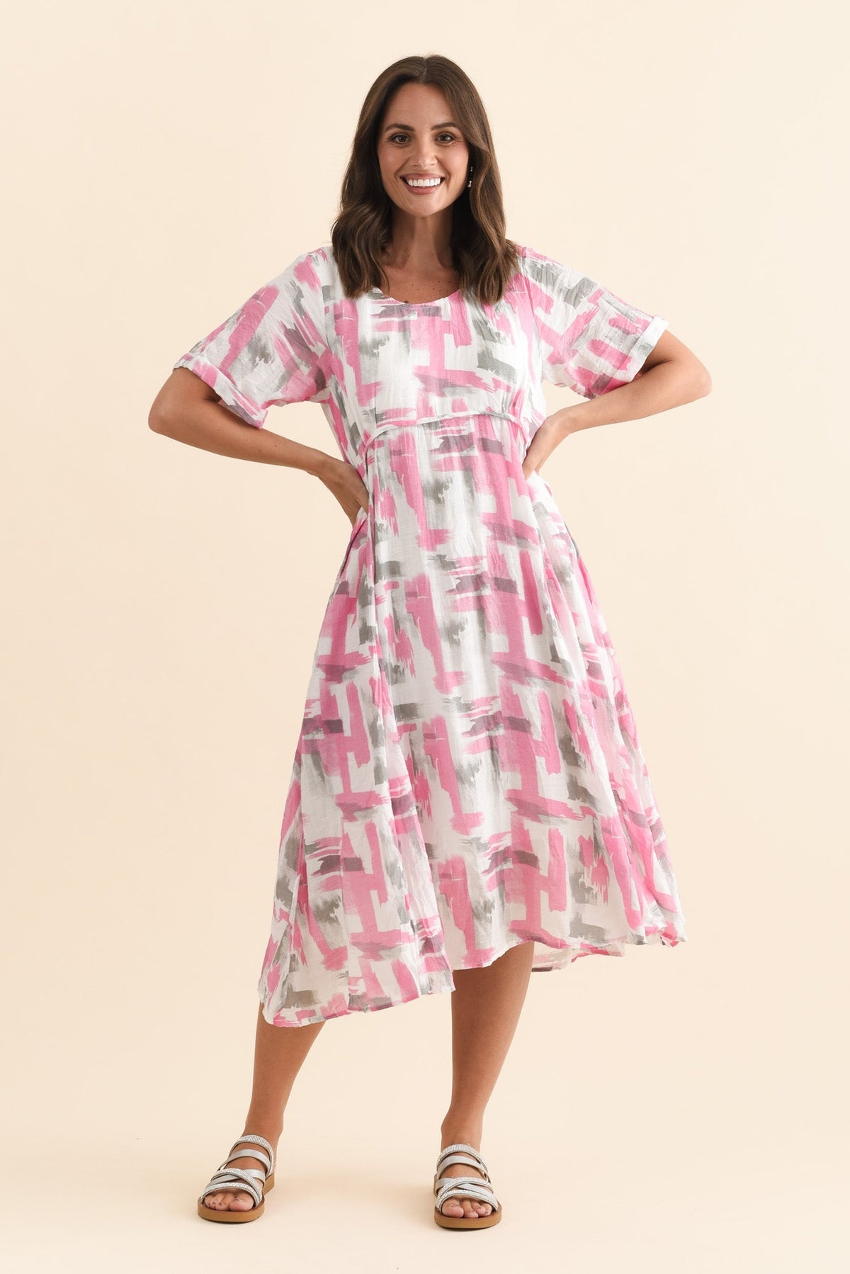 Ramona Pink Brush Stroke Cotton Blend Dress Full Length View