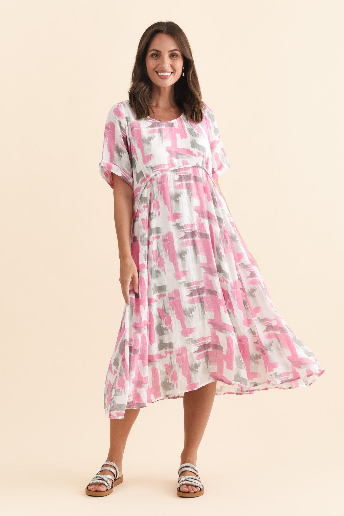 Ramona Pink Brush Stroke Cotton Blend Dress Front View
