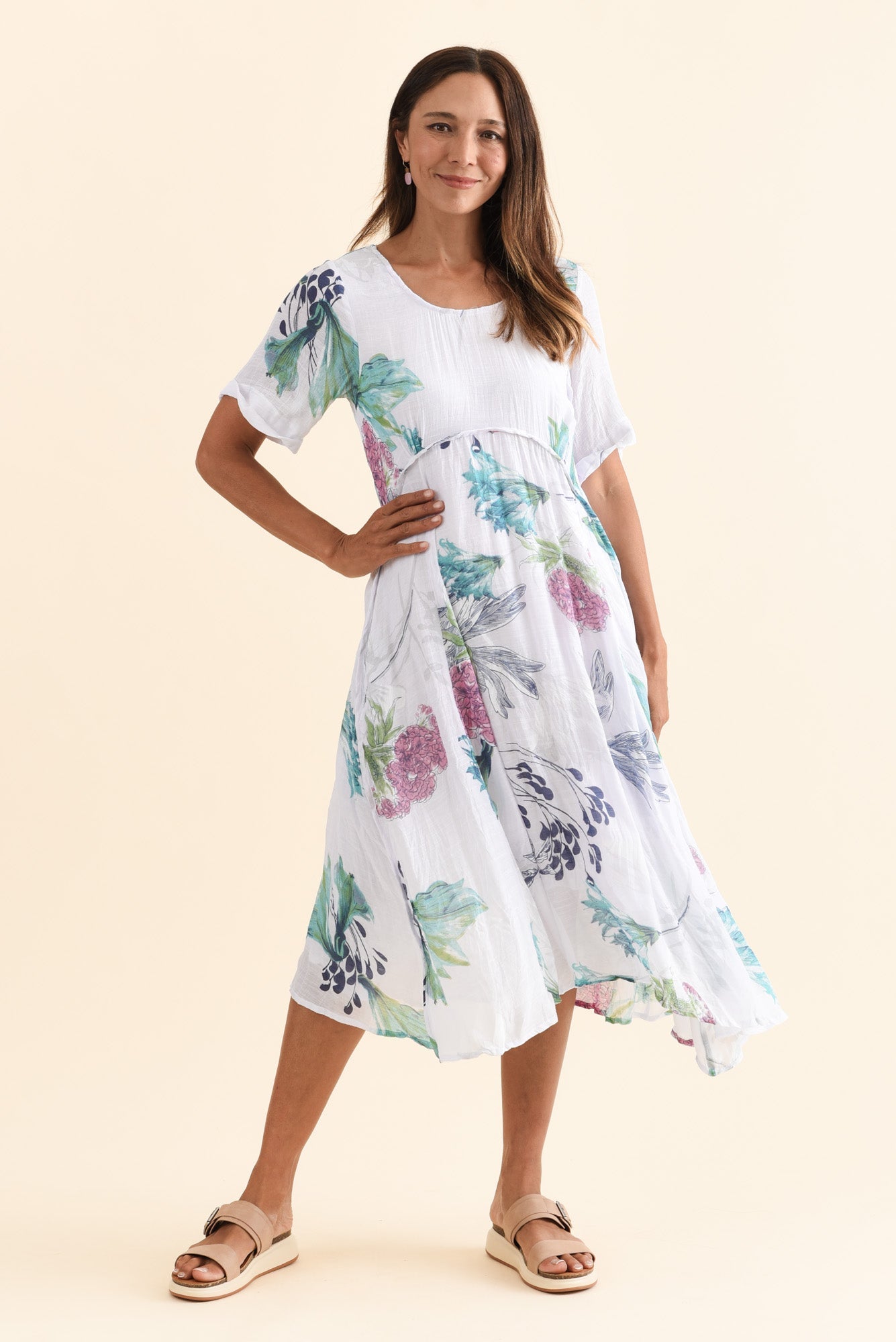 Ramona White Floral Cotton Blend Dress Front View 2