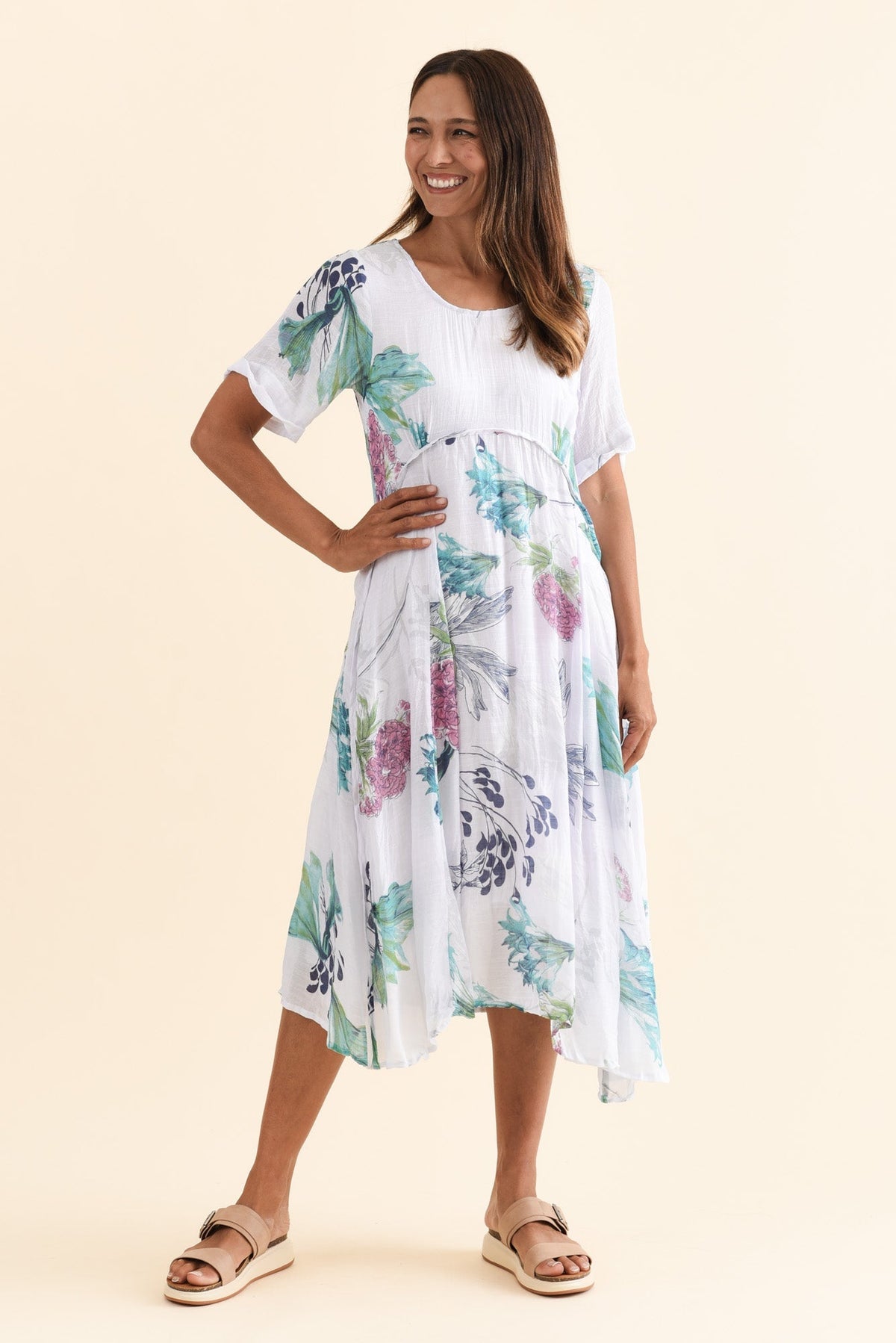 Ramona White Floral Cotton Blend Dress Full Length View