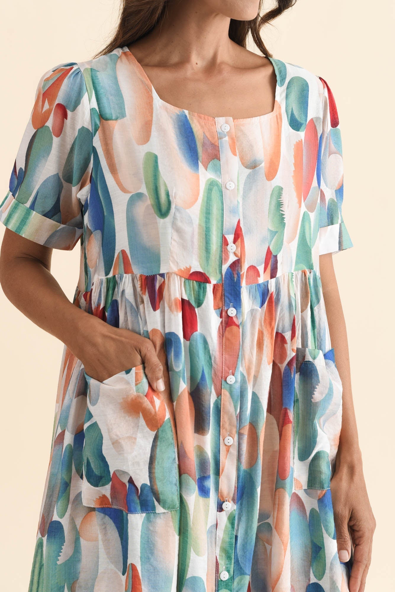Rayna Blue Abstract Button Dress Full Length View