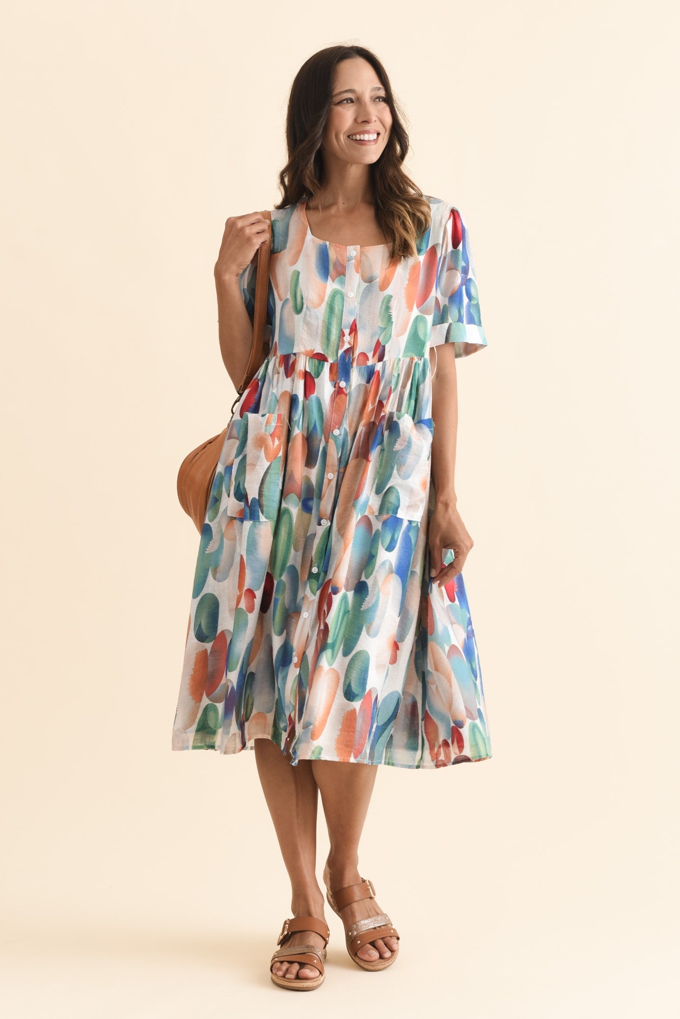 Rayna Blue Abstract Button Dress Front View