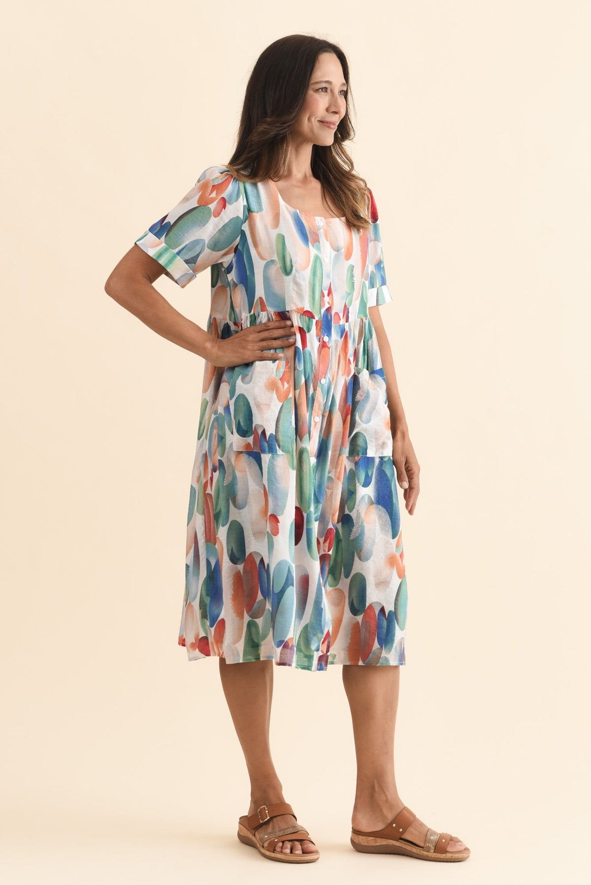 Rayna Blue Abstract Button Dress Side View