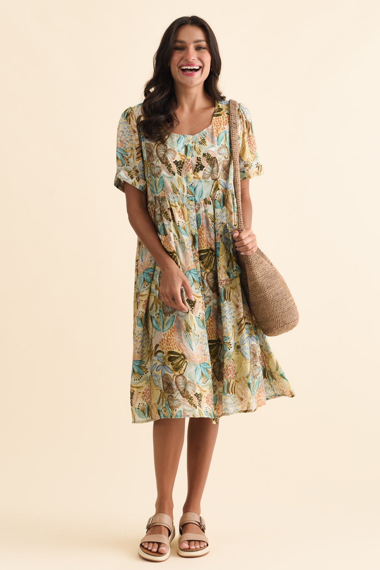 Rayna Brown Garden Button Dress Front View 2