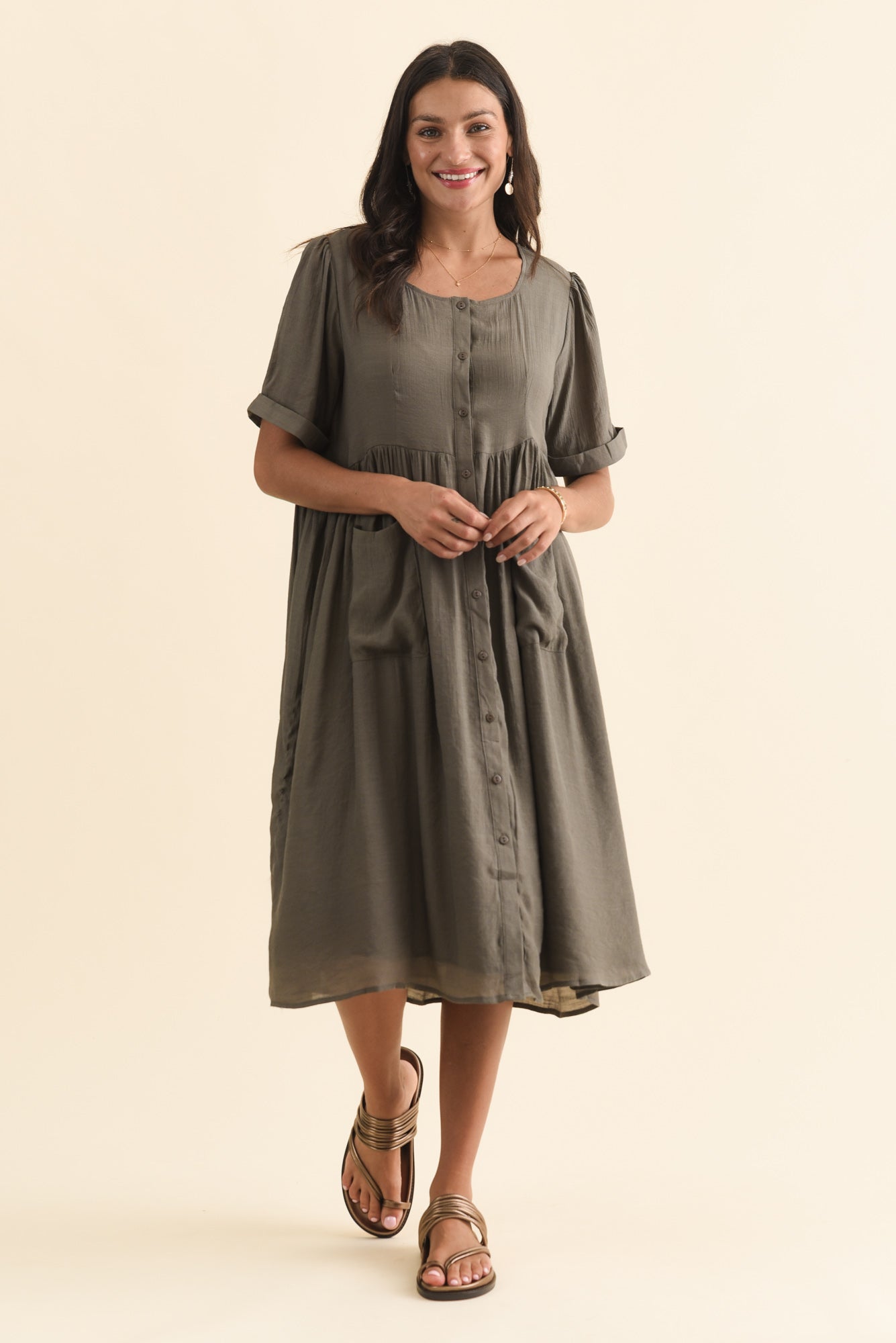 Rayna Khaki Button Dress Front View
