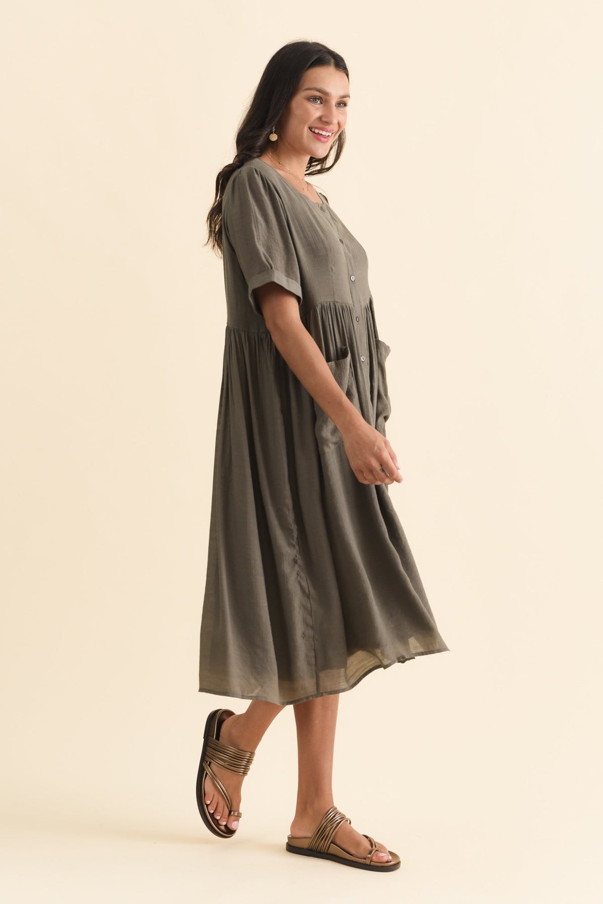 Rayna Khaki Button Dress Back View