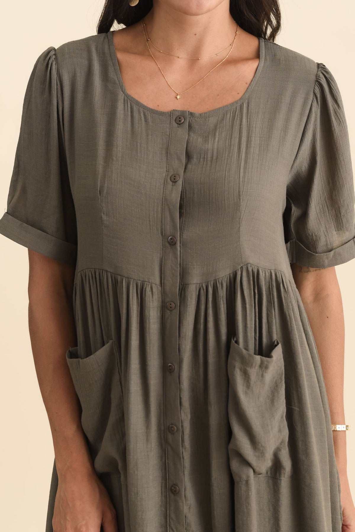 Rayna Khaki Button Dress Detail View