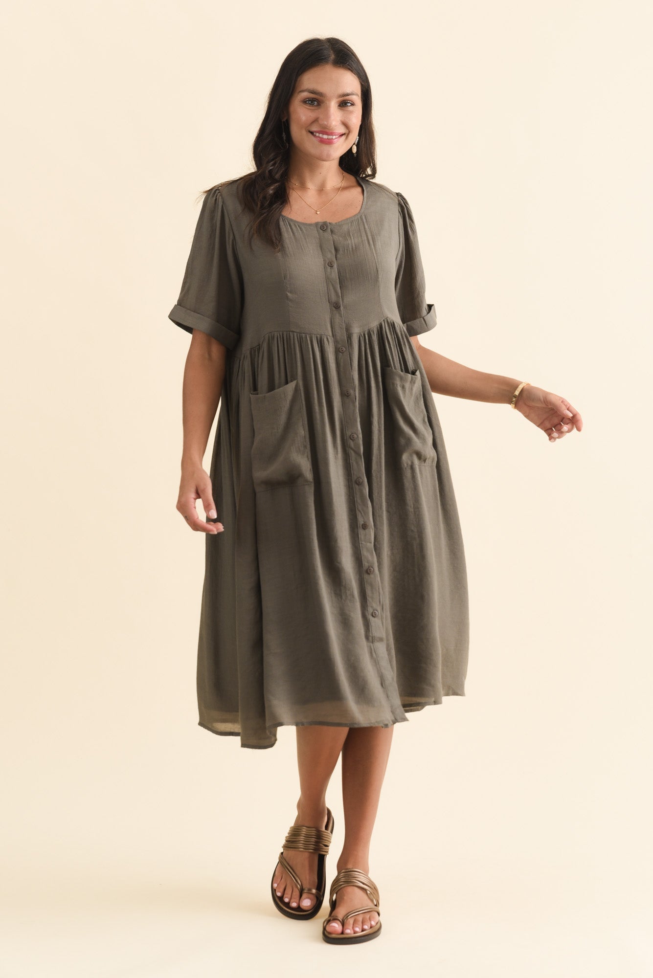 Rayna Khaki Button Dress Front View 2