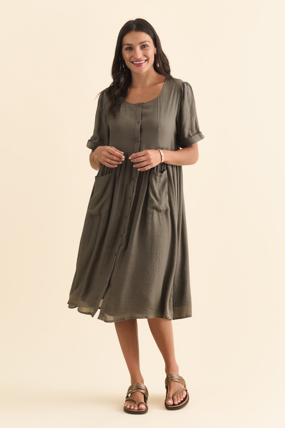 Rayna Khaki Button Dress Full Length View