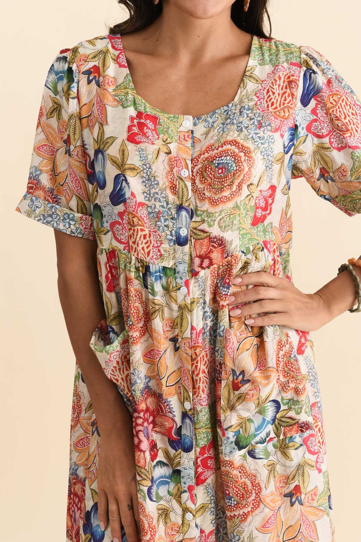 Rayna Orange Garden Button Dress Detail View