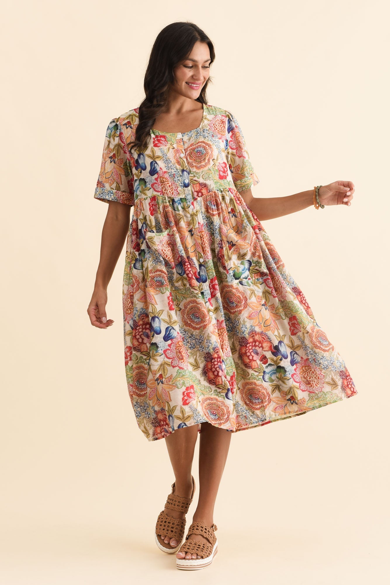 Rayna Orange Garden Button Dress Front View