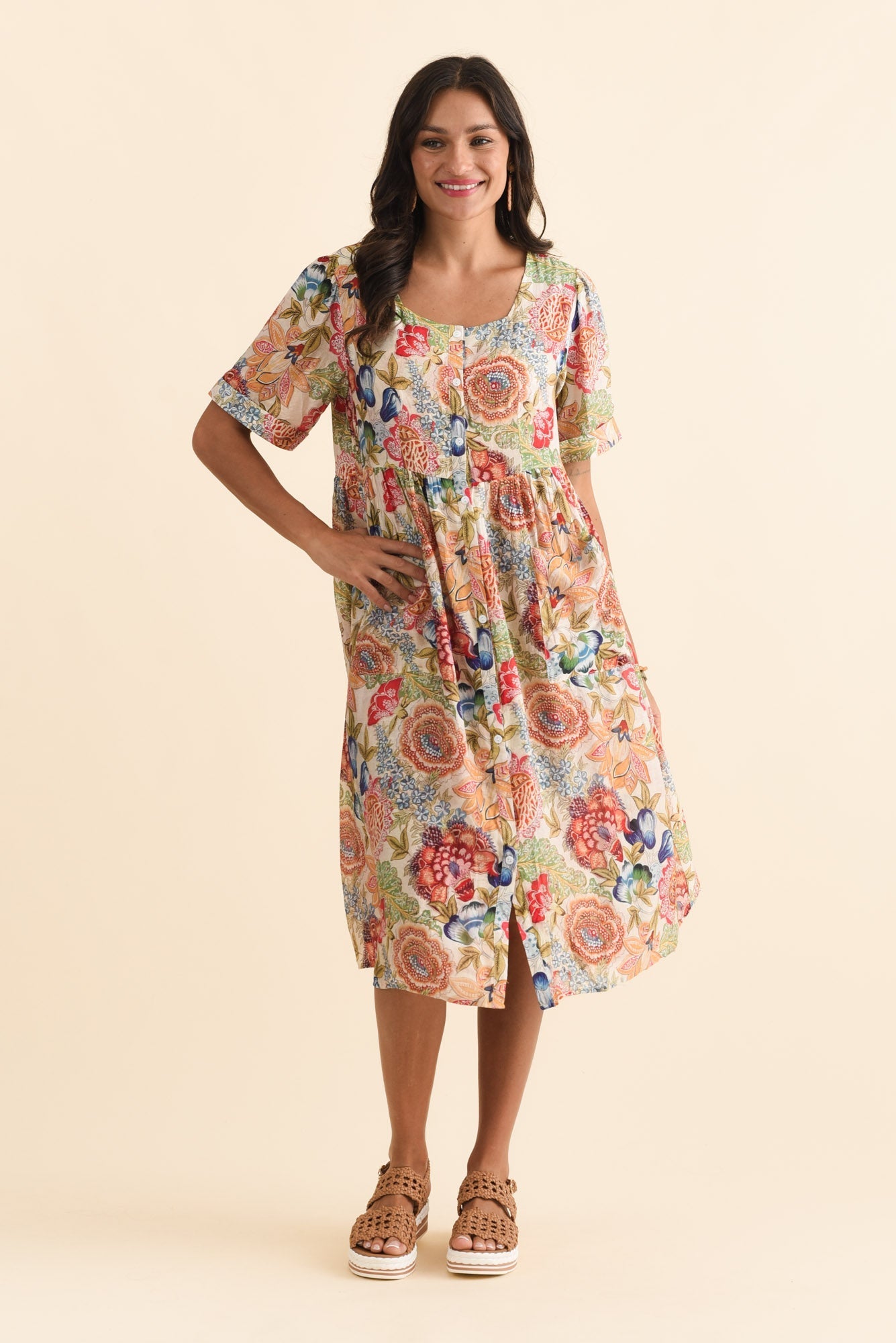 Rayna Orange Garden Button Dress Front View 2