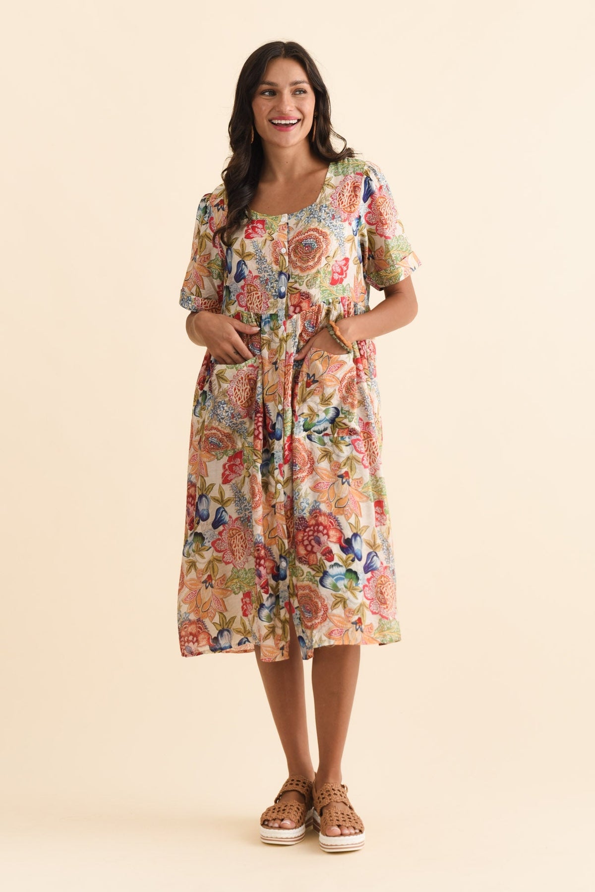 Rayna Orange Garden Button Dress Full Length View