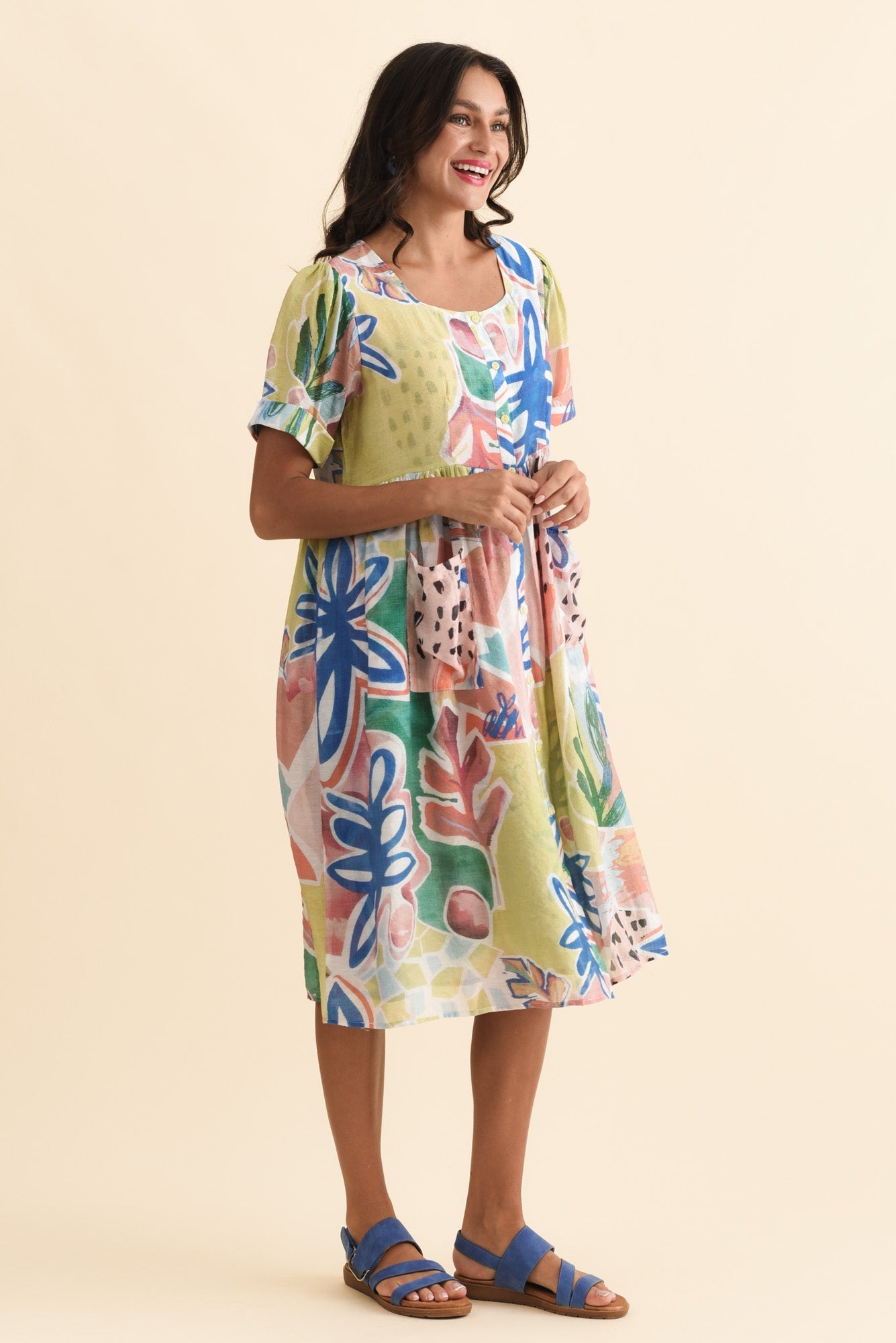 Rayna Blue Flower Button Dress Back View