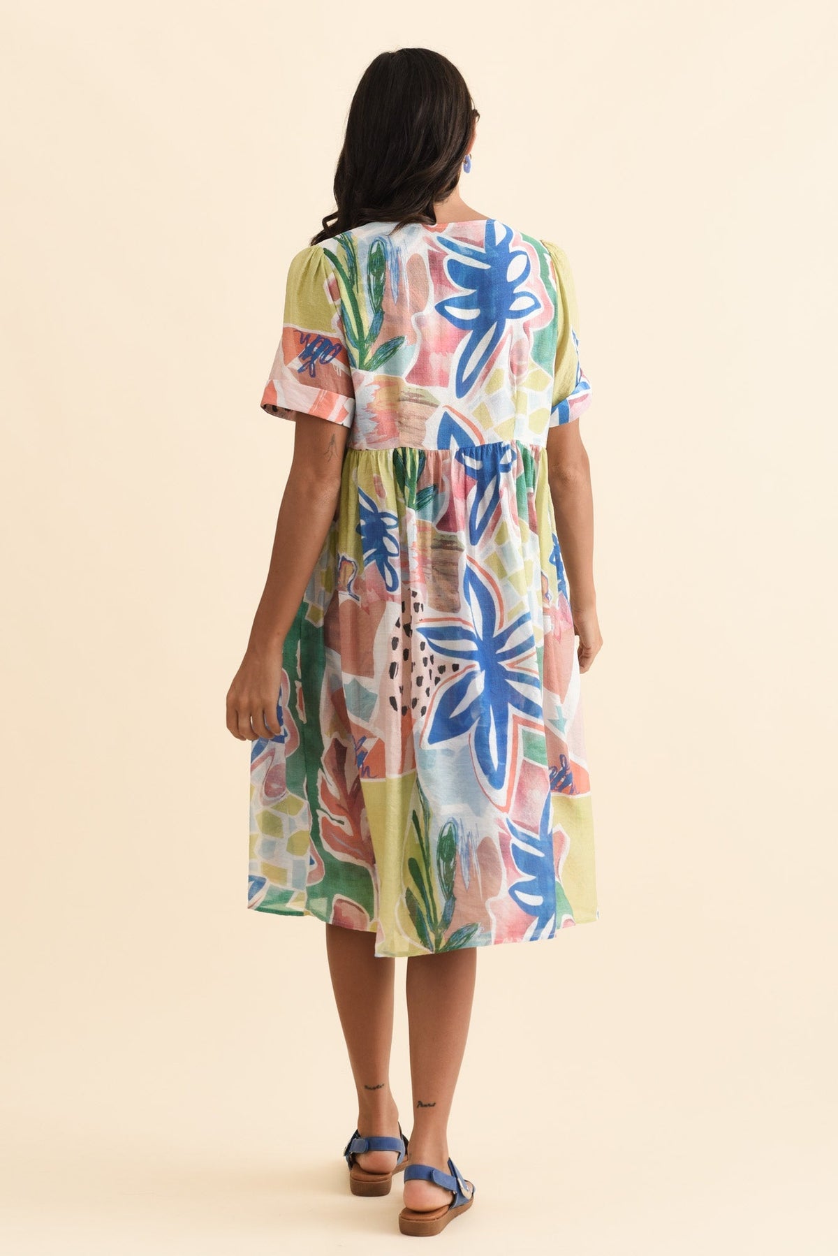 Rayna Blue Flower Button Dress Side View