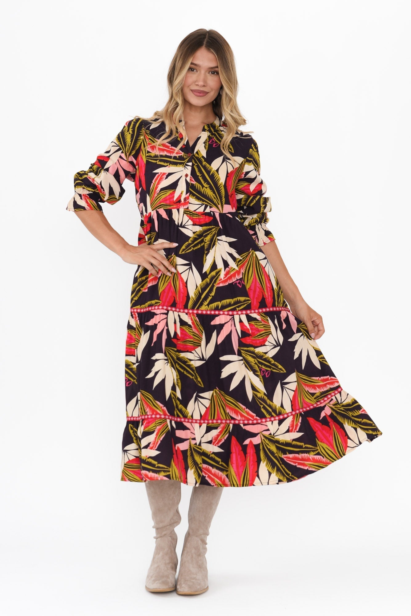 Reagan Navy Palm Tier Dress Front View