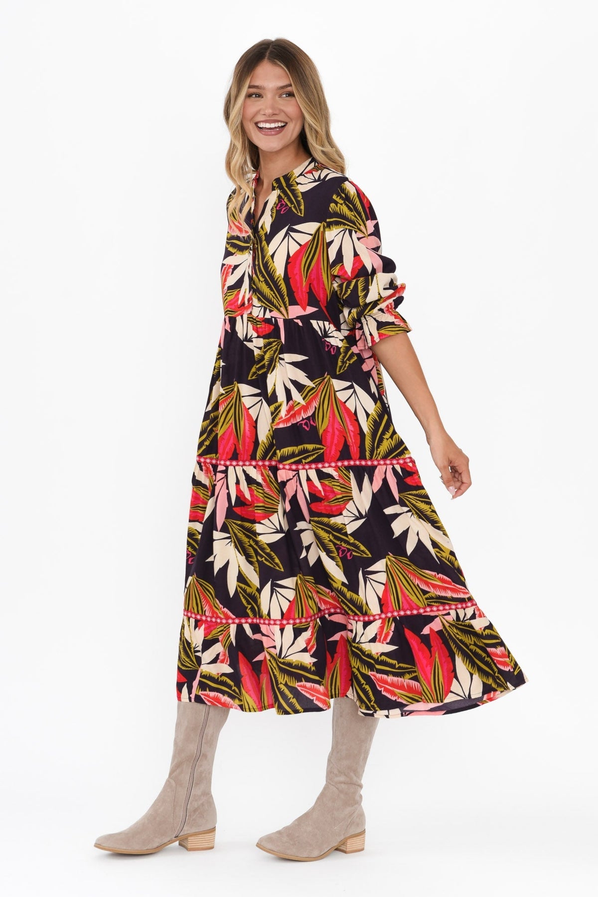 Reagan Navy Palm Tier Dress Side View