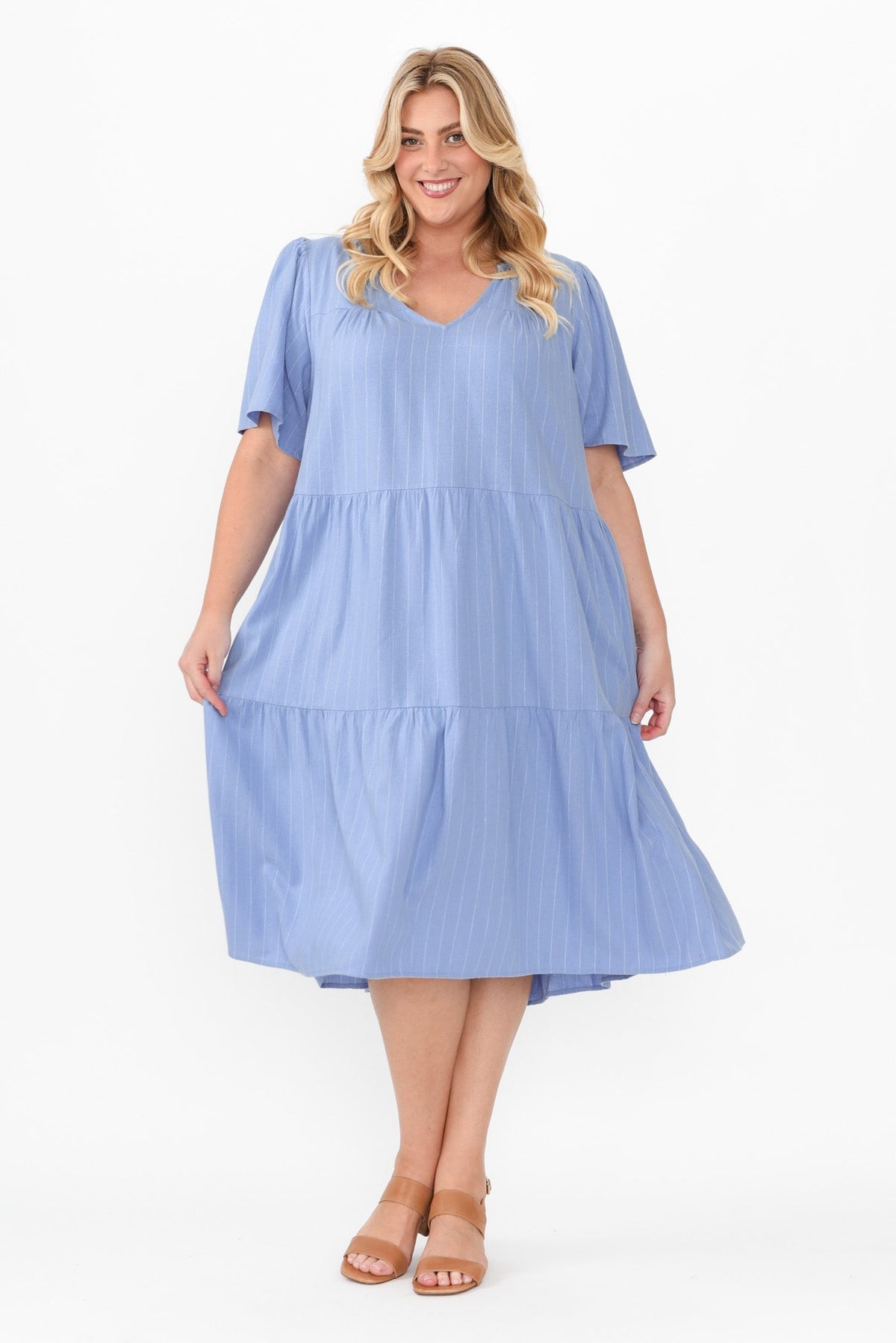 Regina Blue Linen Blend Tier Dress Front View 3