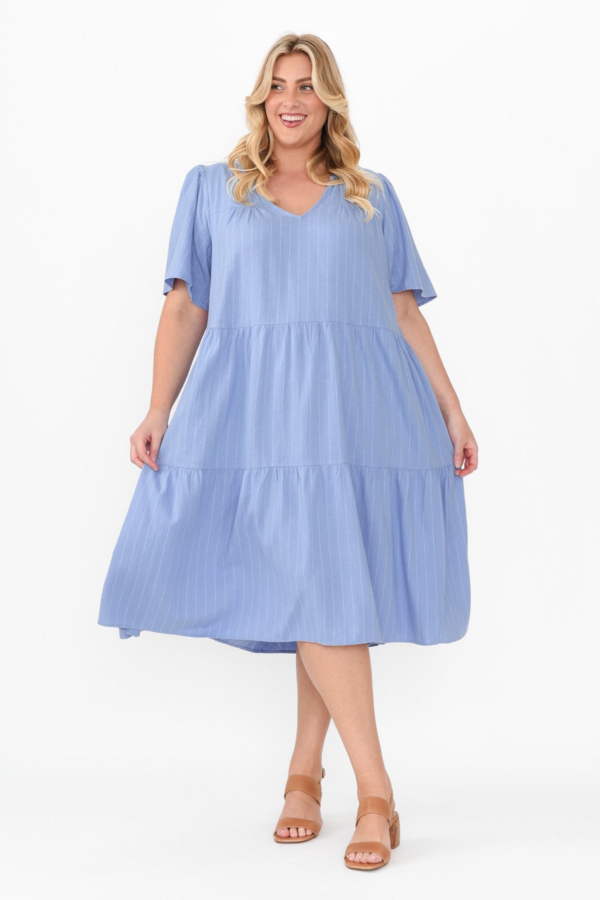 Regina Blue Linen Blend Tier Dress Side View 2