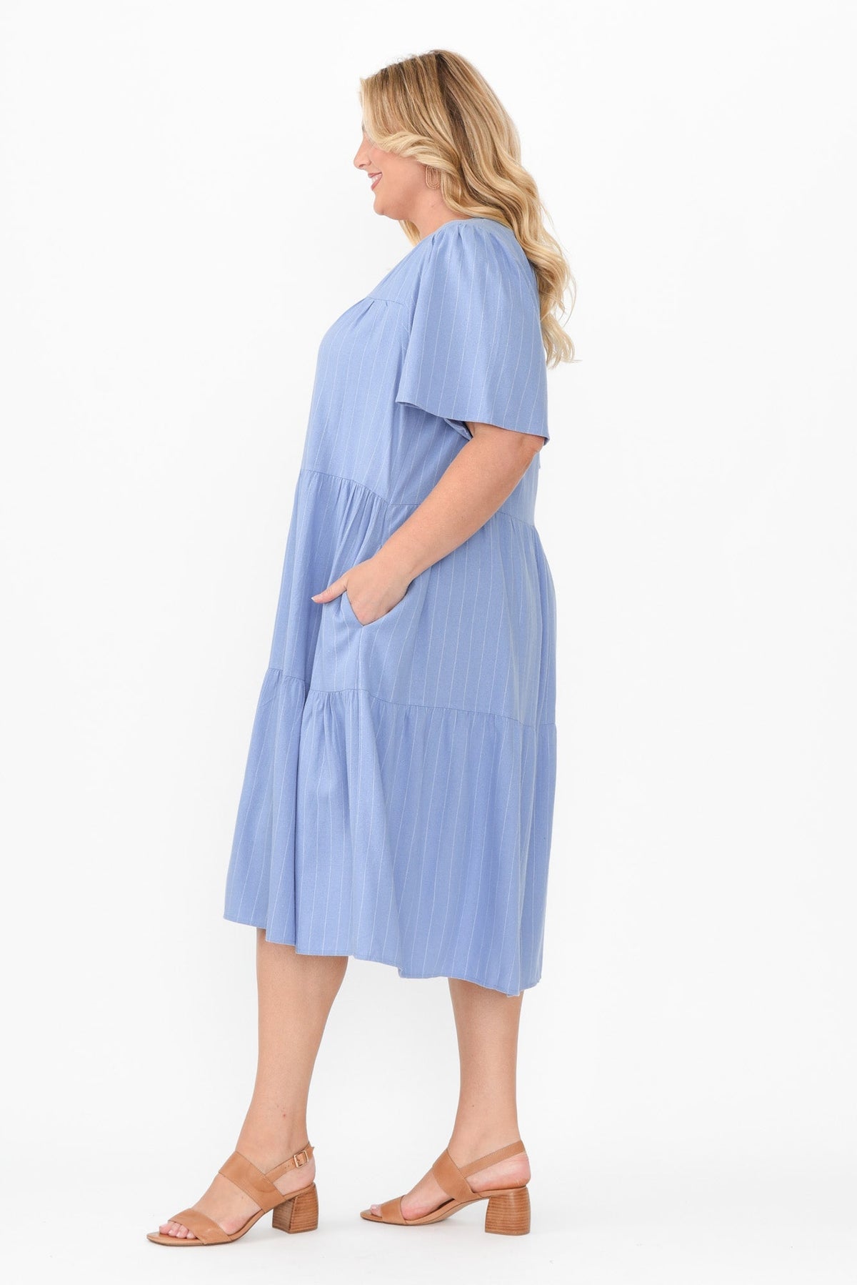 Regina Blue Linen Blend Tier Dress Detail View 2