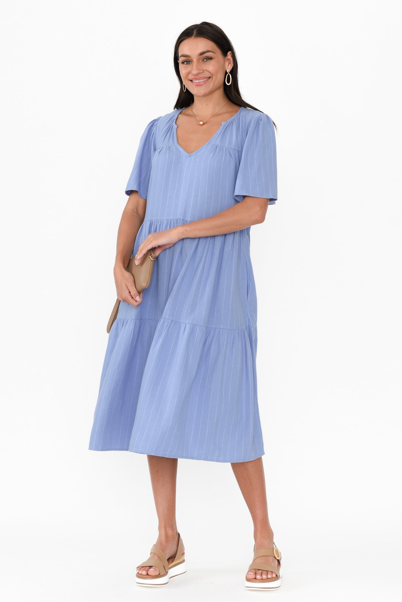 Regina Blue Linen Blend Tier Dress Front View 2