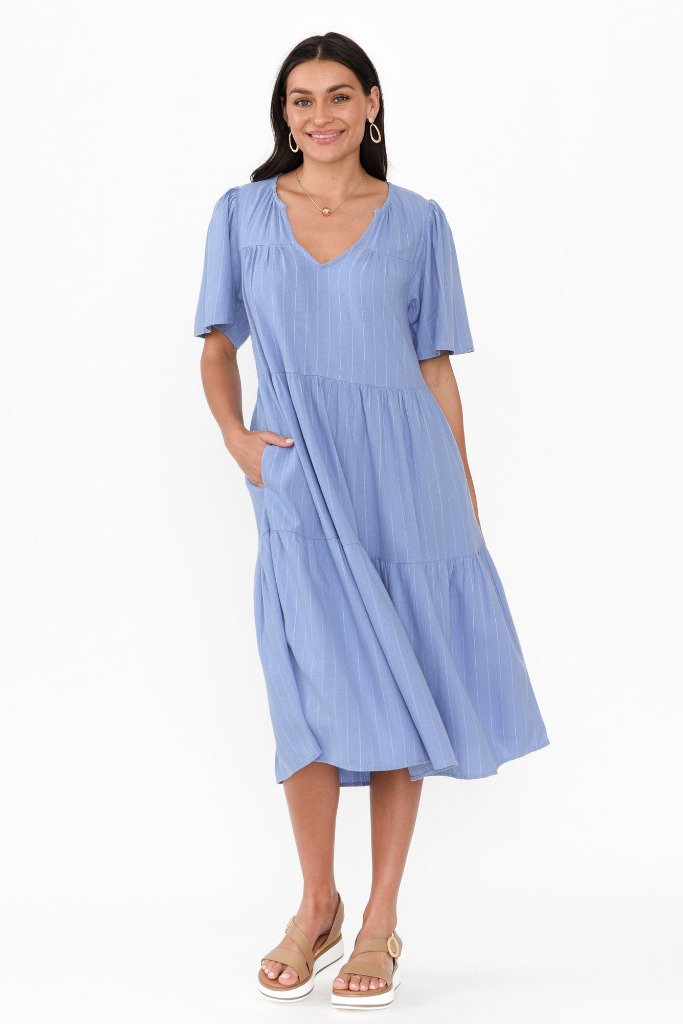 Regina Blue Linen Blend Tier Dress Front View