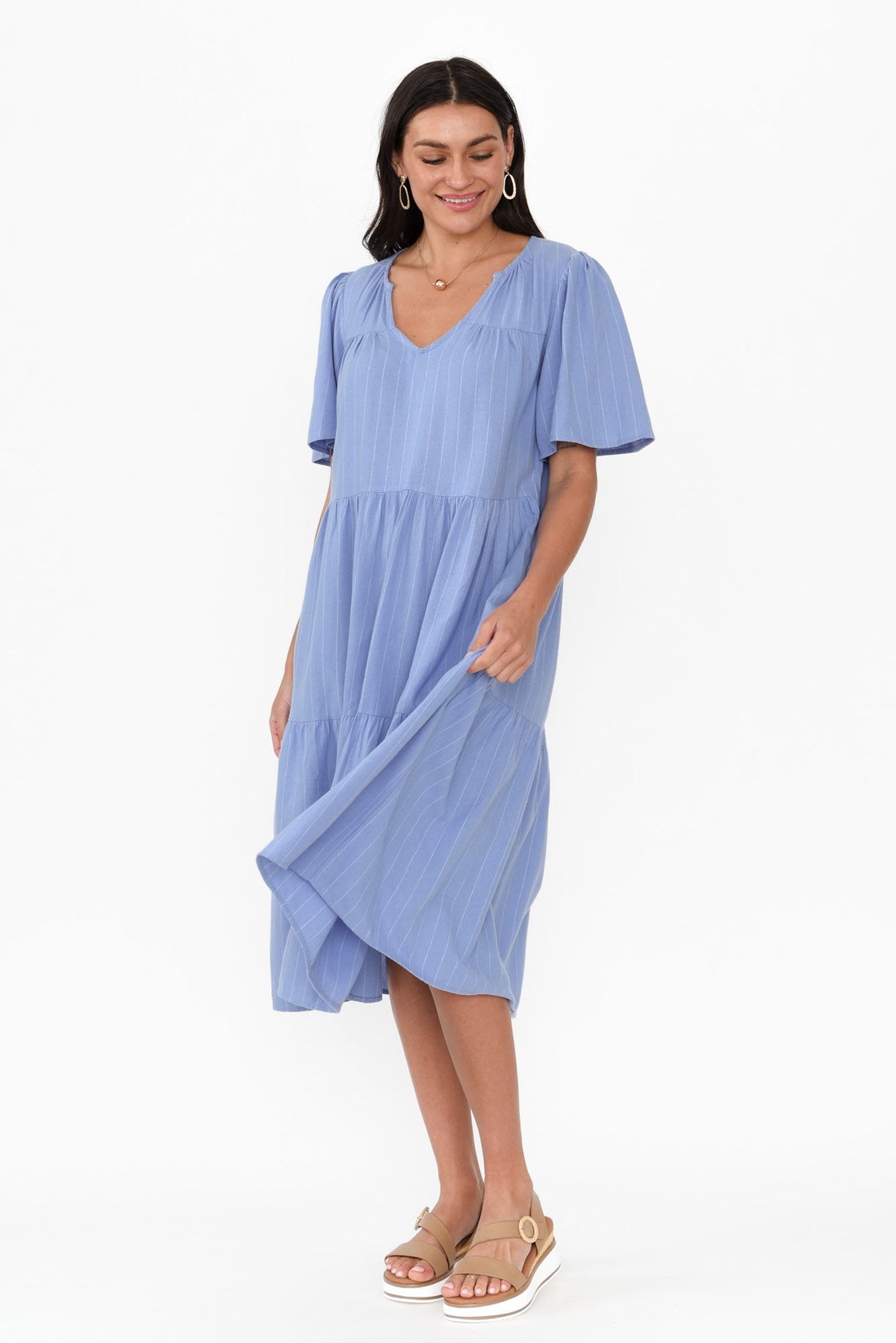 Regina Blue Linen Blend Tier Dress Full Length View