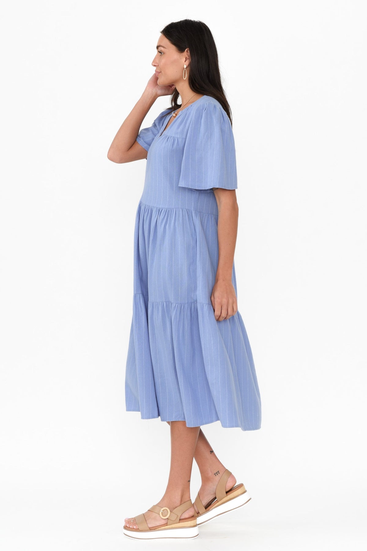 Regina Blue Linen Blend Tier Dress Back View