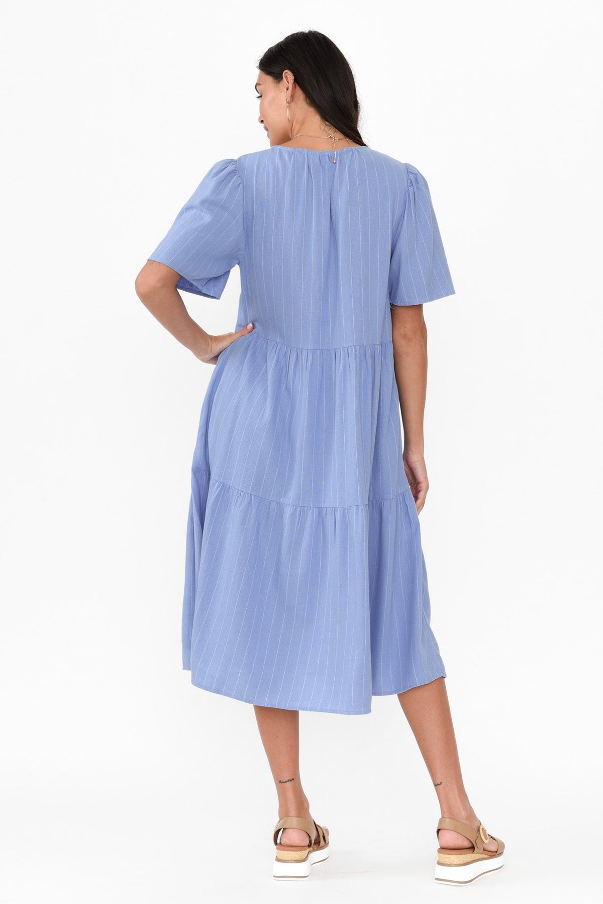 Regina Blue Linen Blend Tier Dress Side View