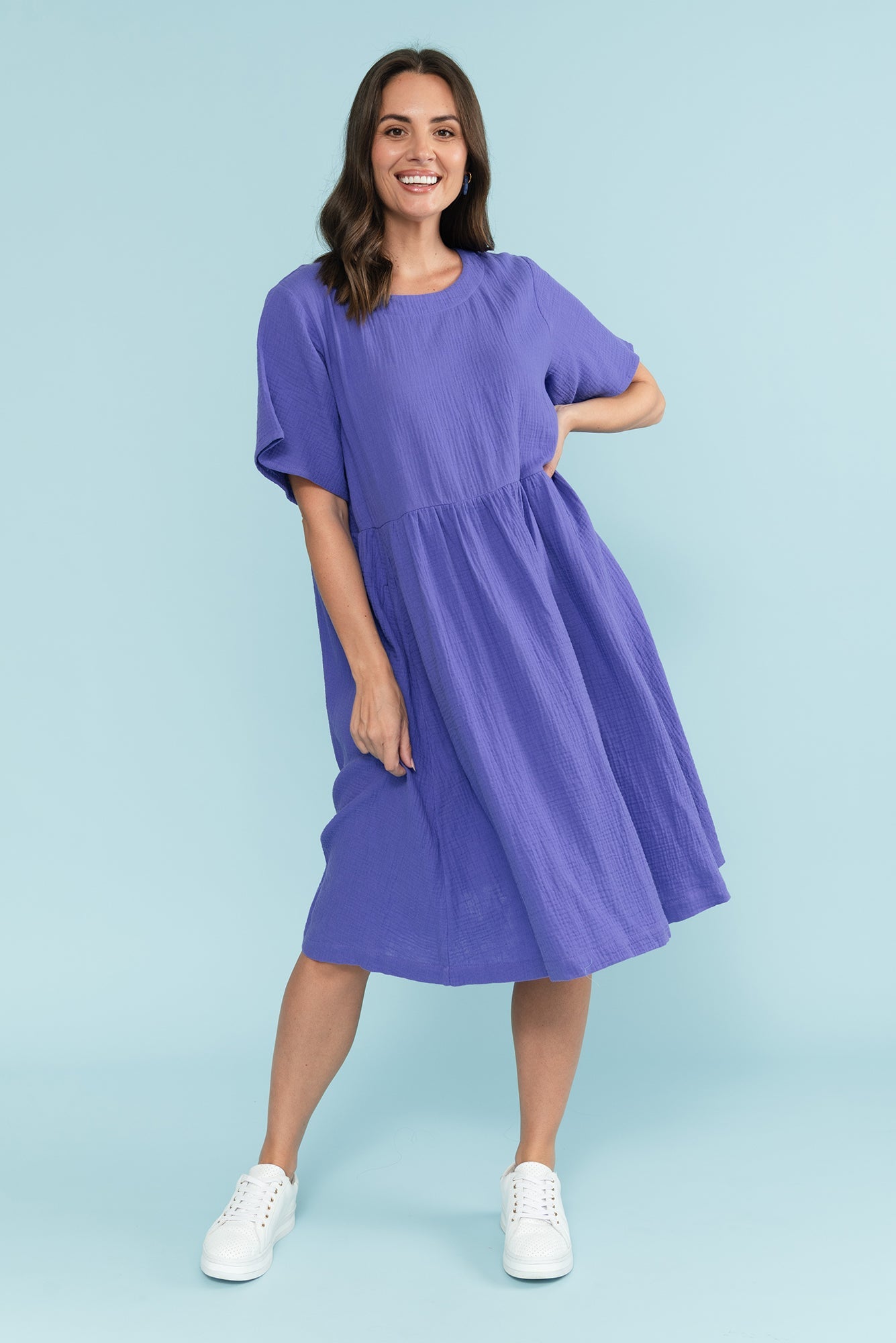 Cloud Gauze Purple Cotton Pocket Dress Front View 2