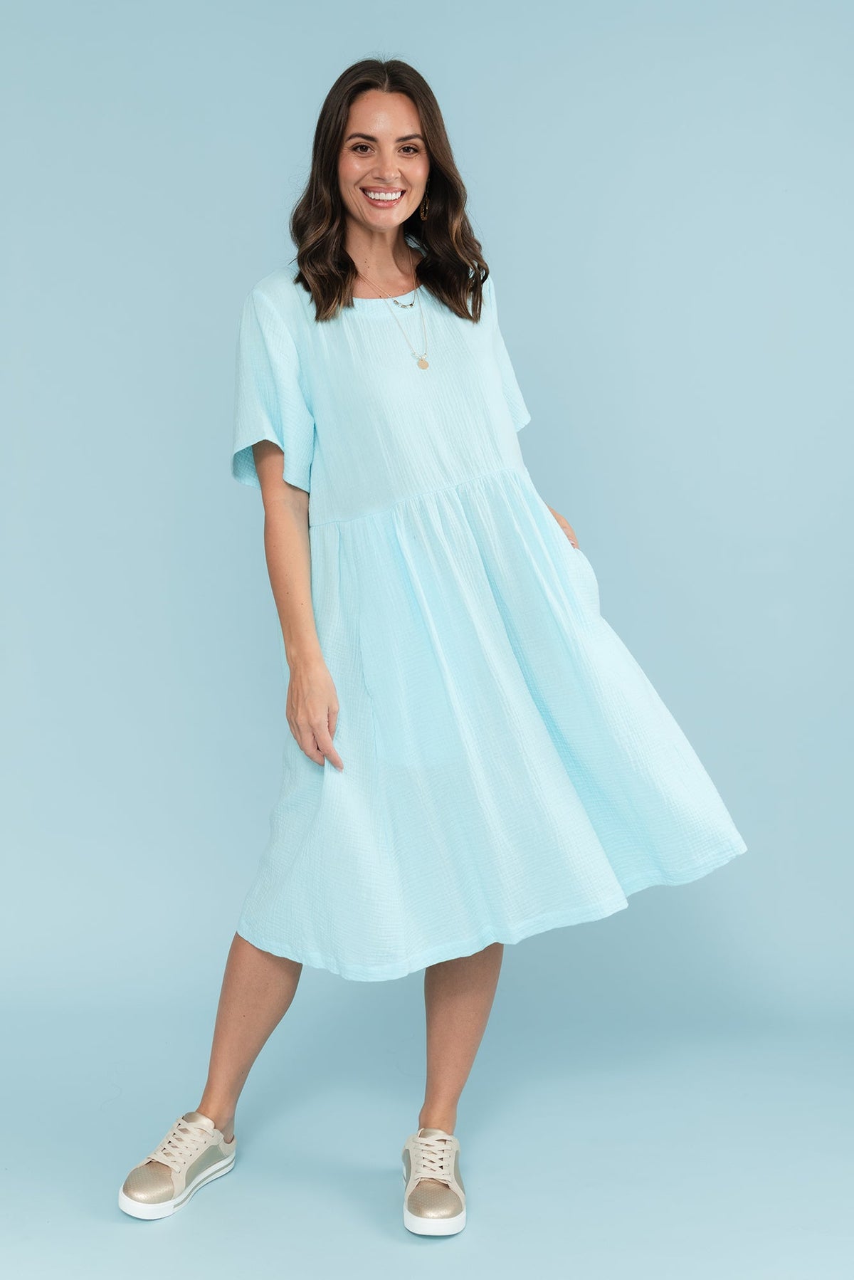 Cloud Gauze Light Blue Cotton Pocket Dress Front View 2