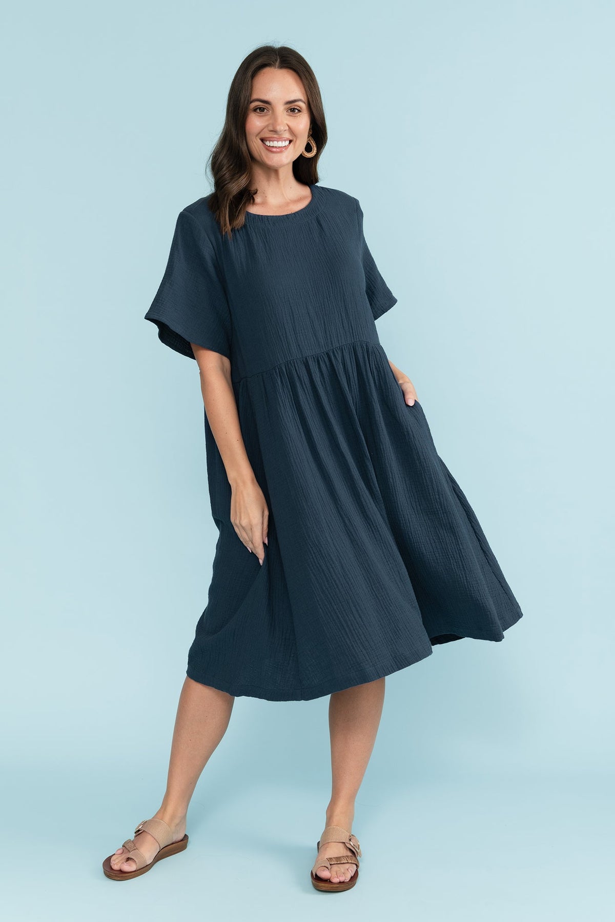Cloud Gauze Navy Cotton Pocket Dress Front View 2