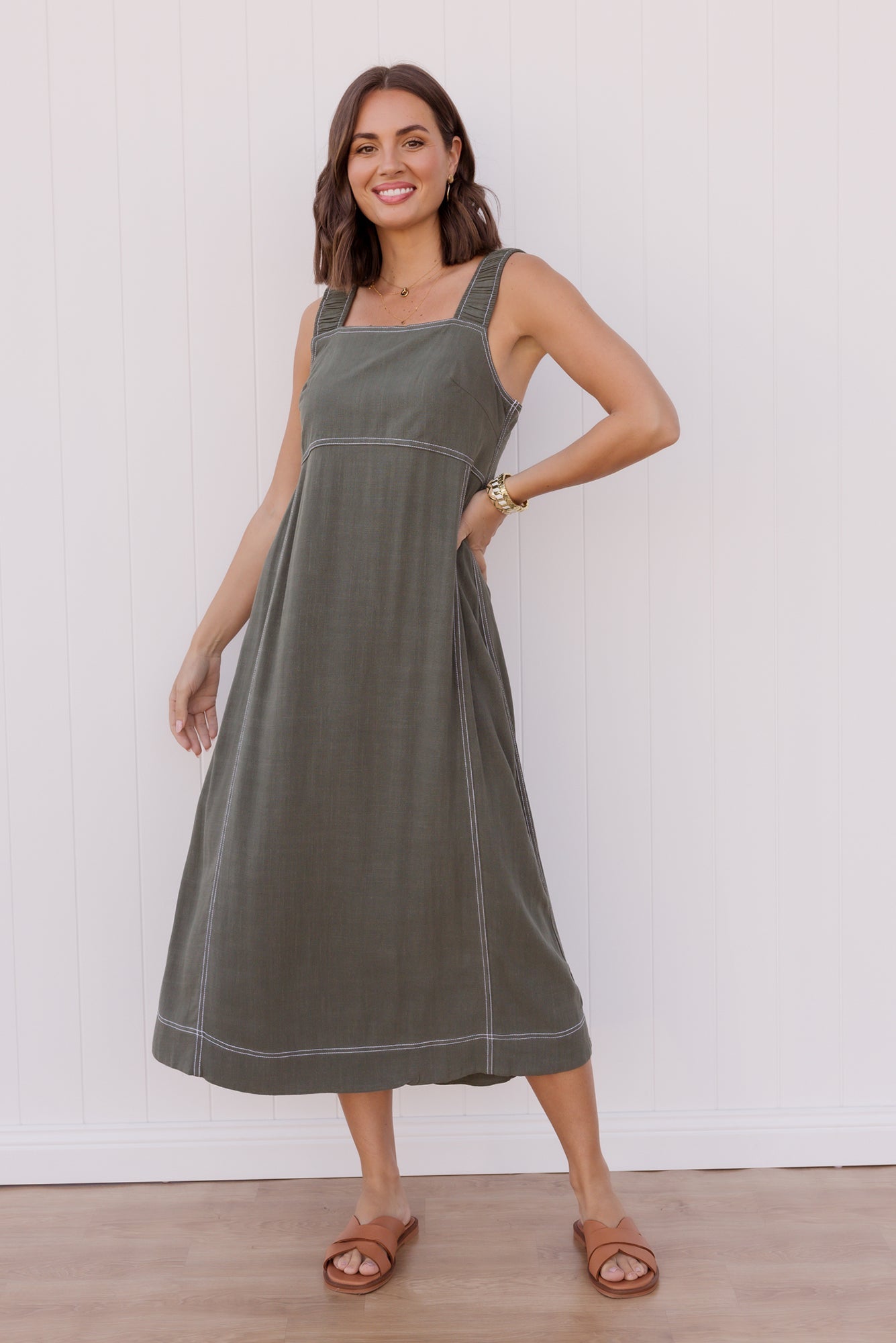 Saylor Khaki Contrast Linen Blend Dress Front View 2