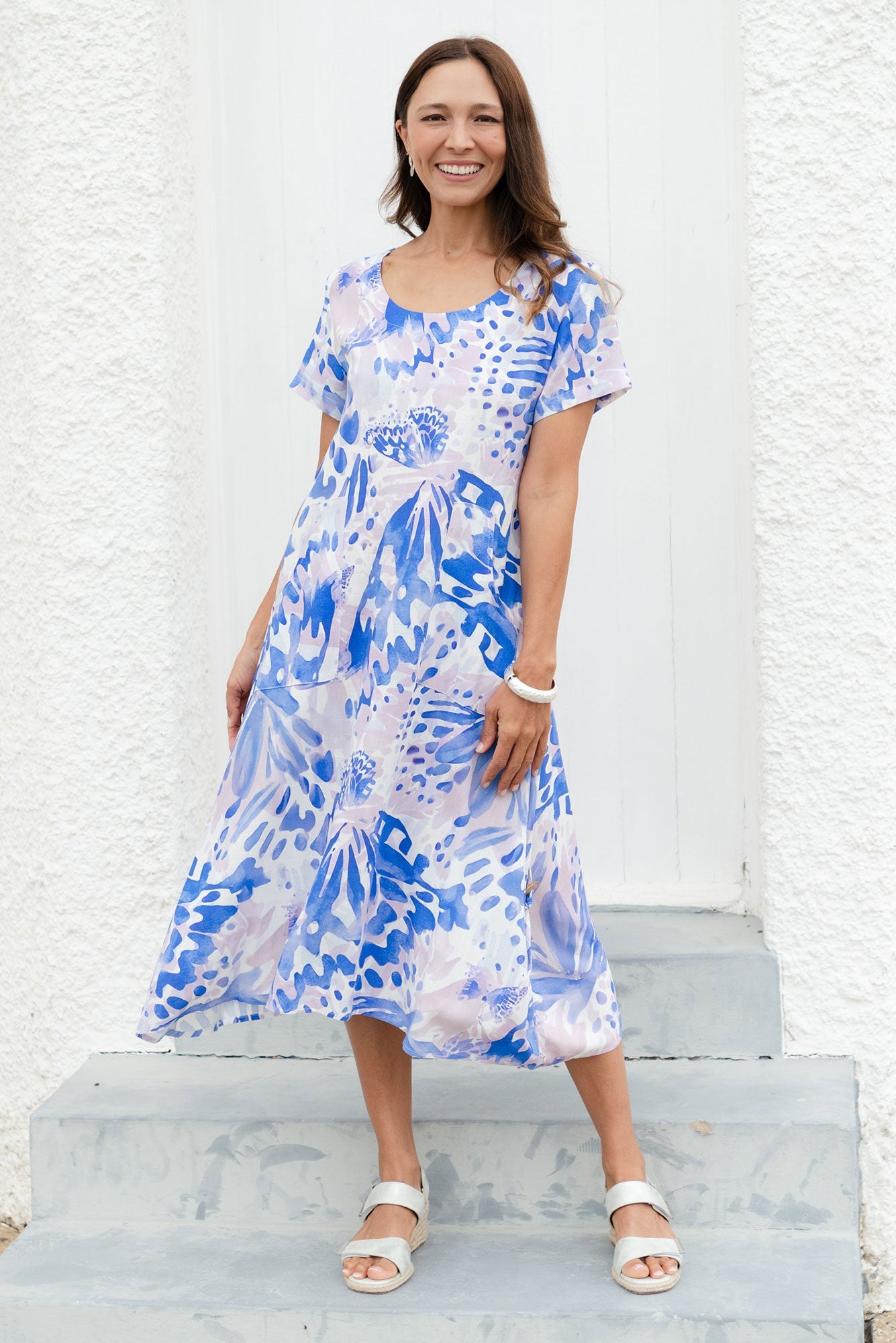 Lula Cobalt Abstract Linen Cotton Dress Front View 2