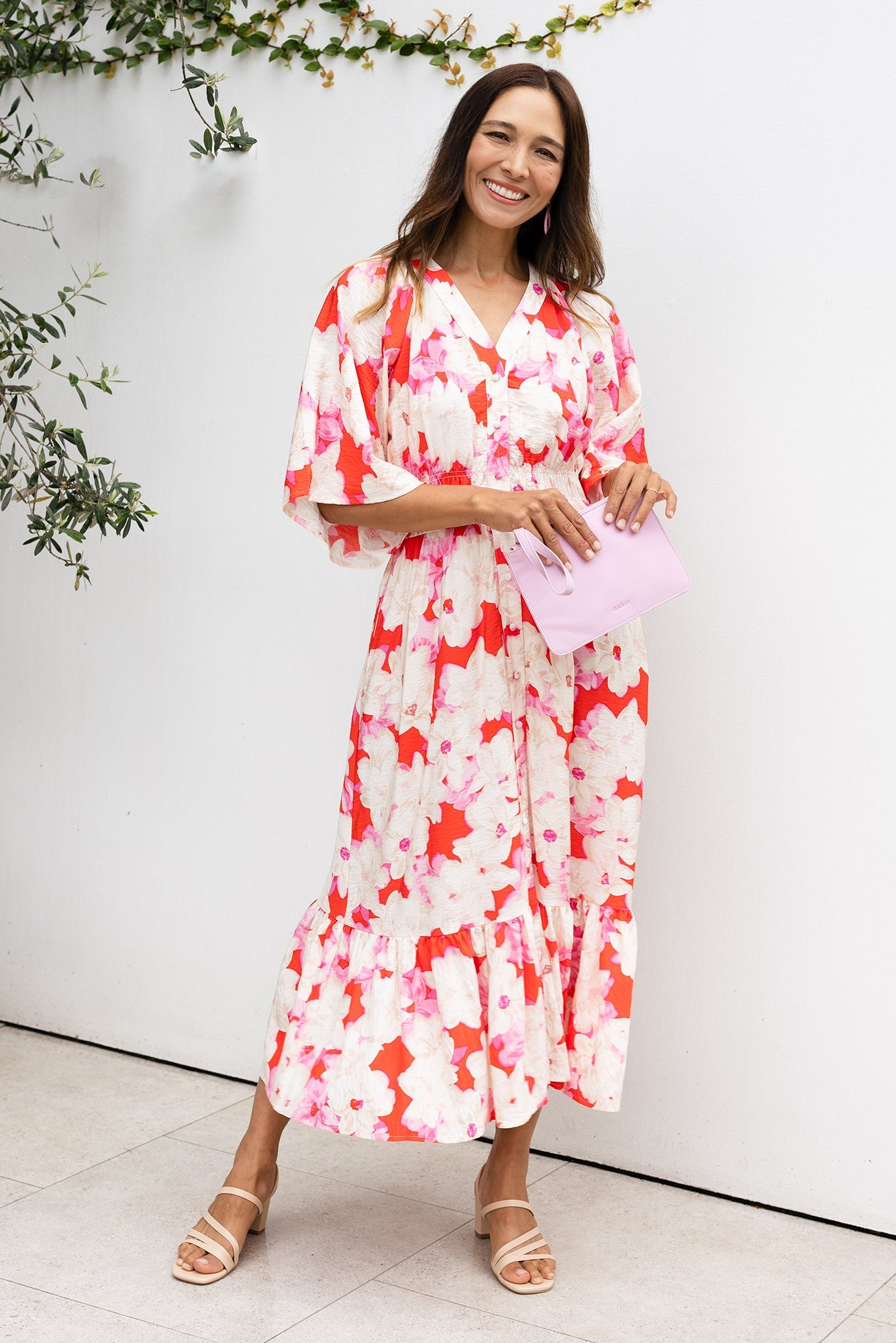 Moxie Red Floral Button Dress Front View 2