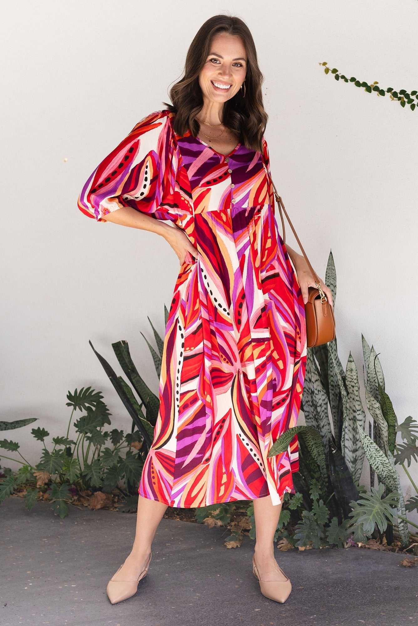 Kacey Pink Leaf Button Dress Front View 2