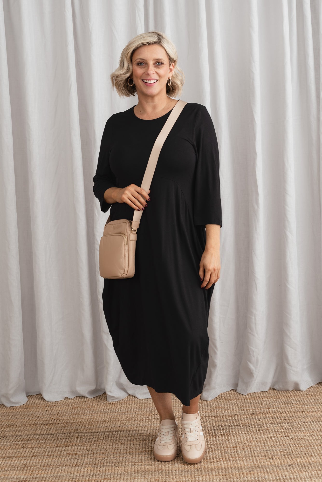 Glenda Black Sleeved Crescent Dress Front View 2