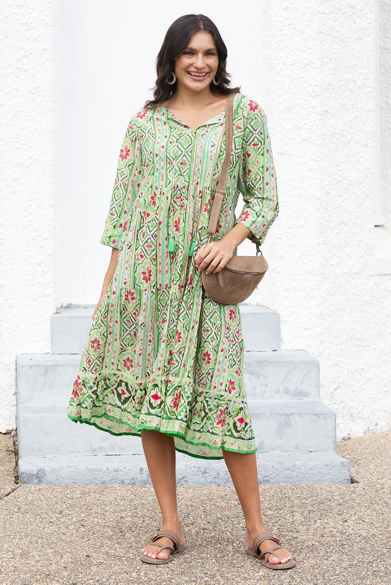 Milana Green Abstract Crinkle Cotton Dress Front View 2