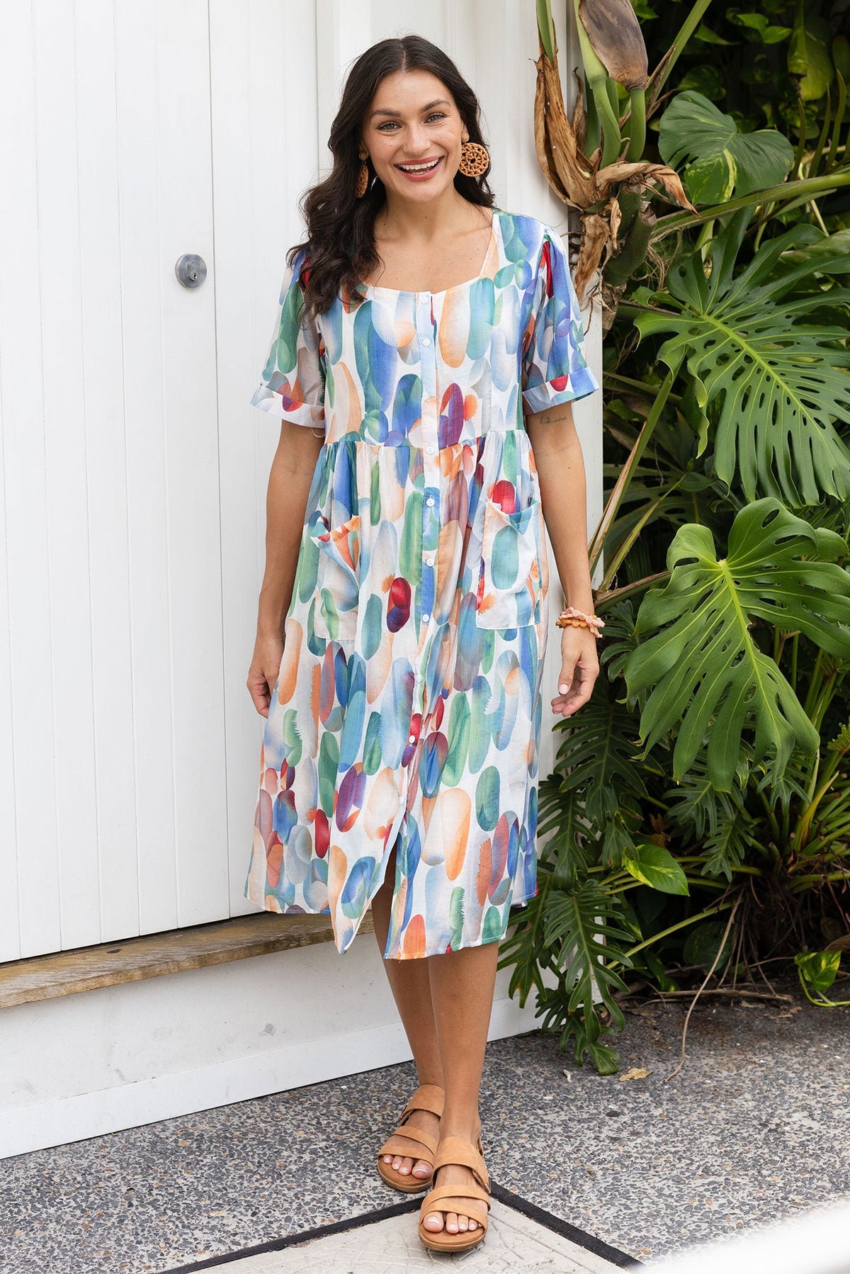Rayna Blue Abstract Button Dress Front View 2