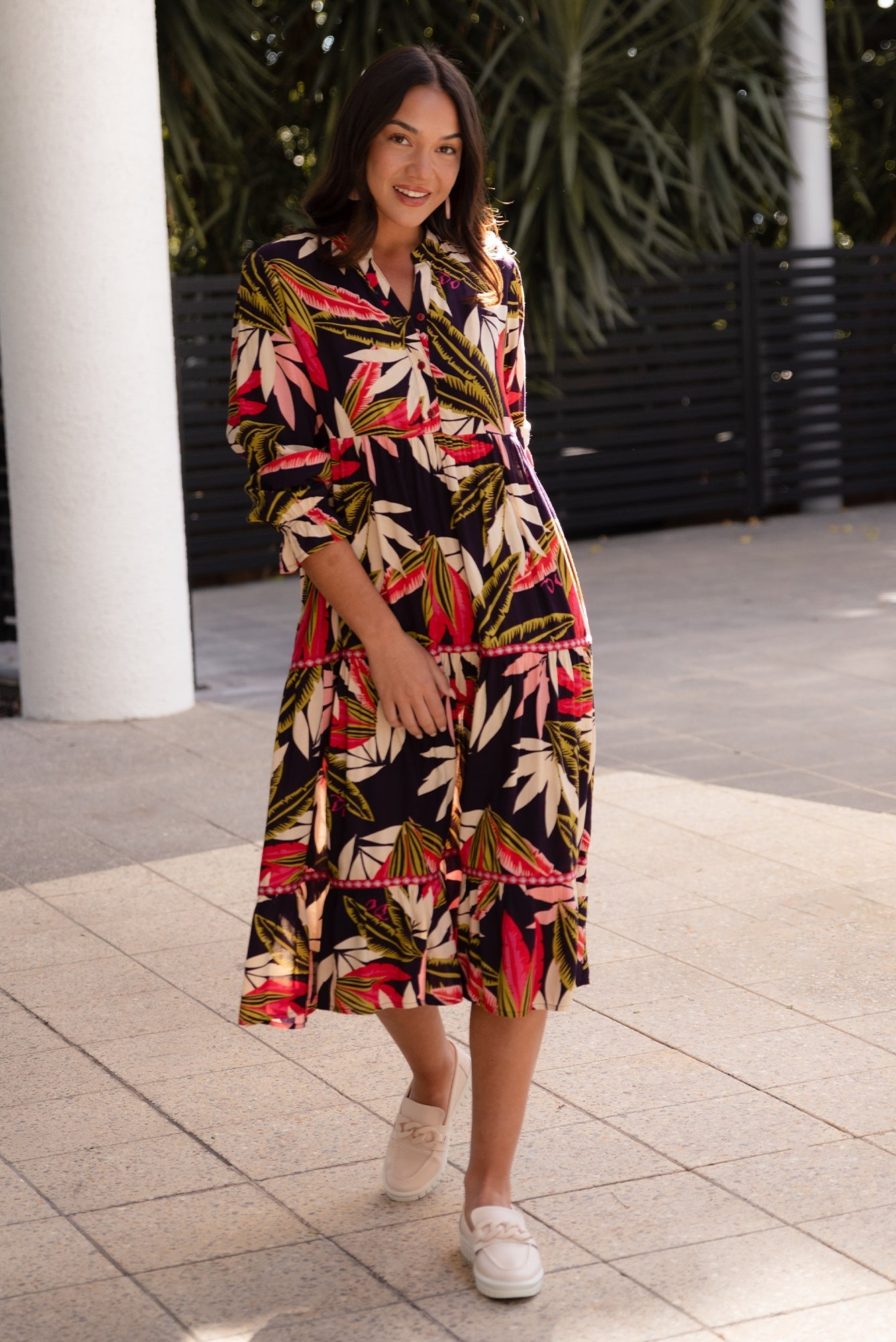 Reagan Navy Palm Tier Dress Front View 2