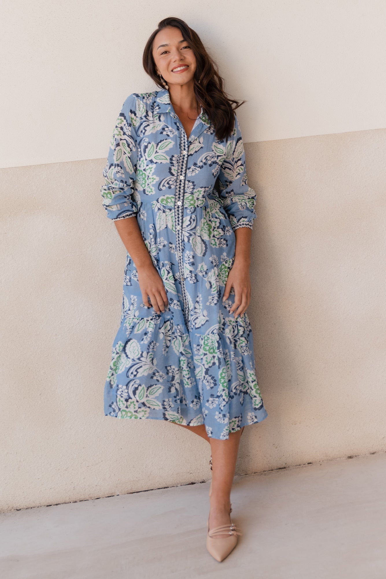 Coastal Blue Leaf Collared Dress Front View 2