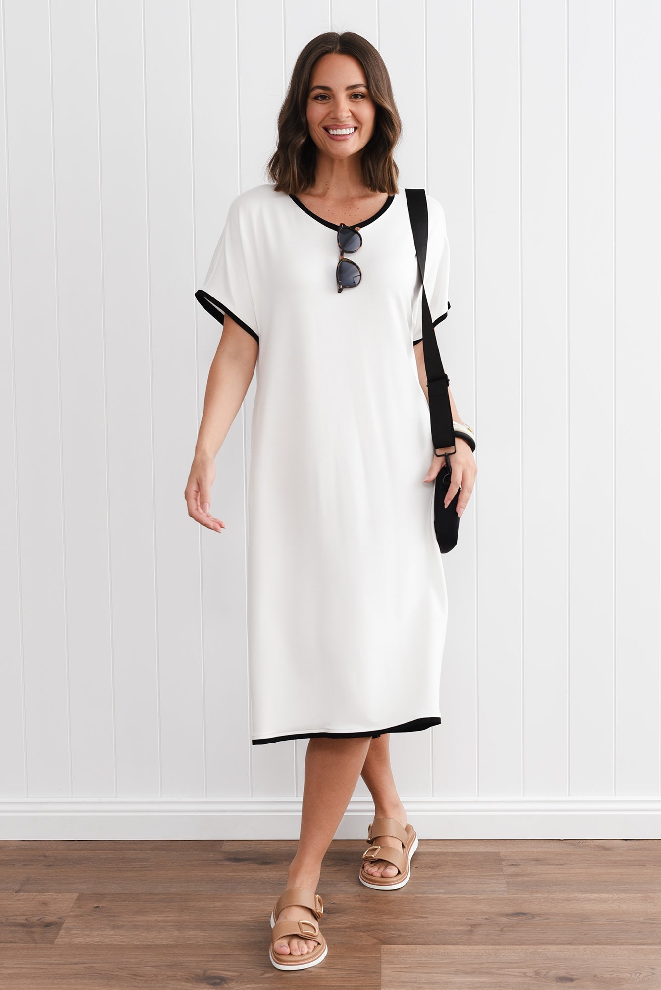 Jemima White Contrast V Neck Dress Front View 2
