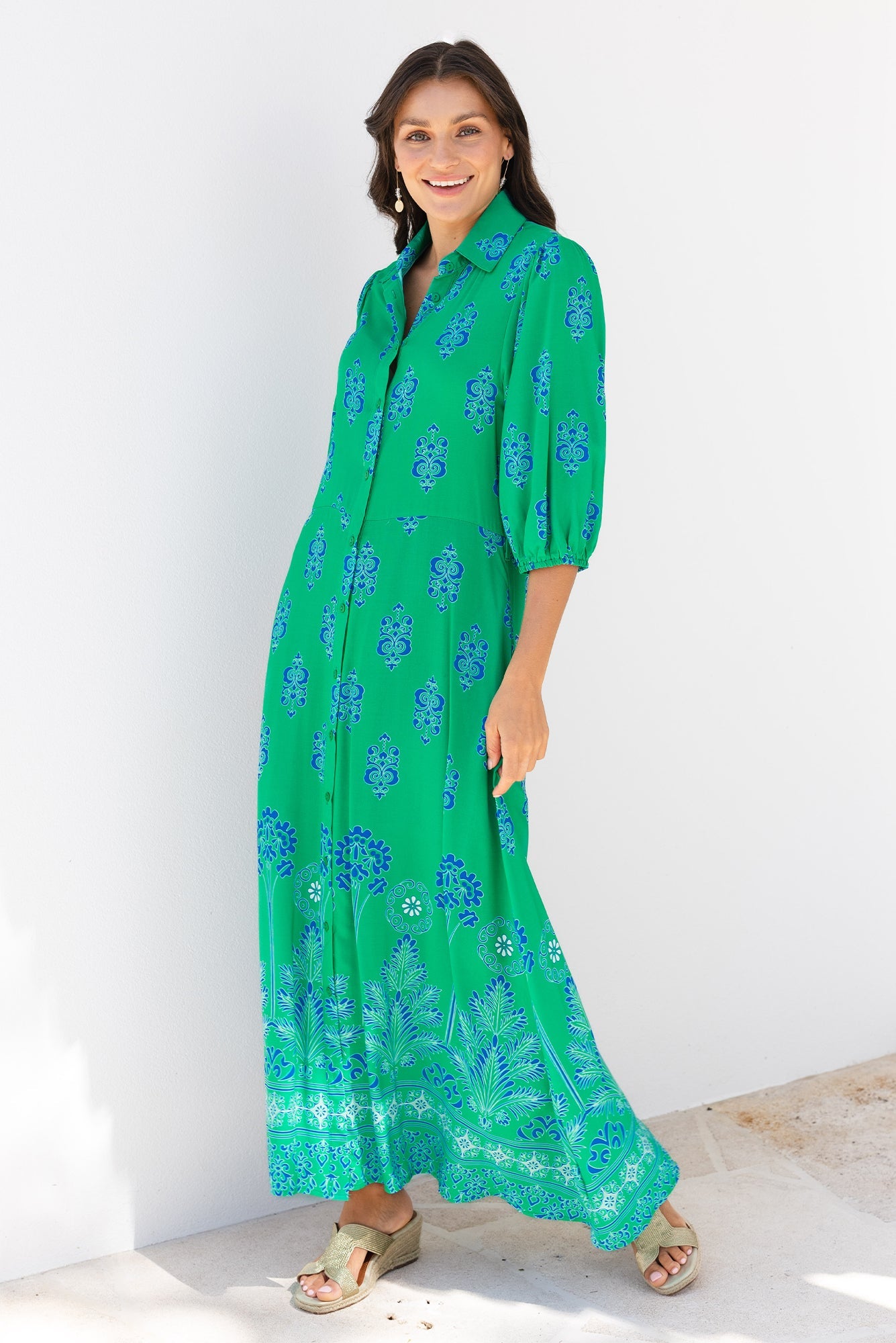 Alivia Green Mosaic Shirt Dress Front View 2