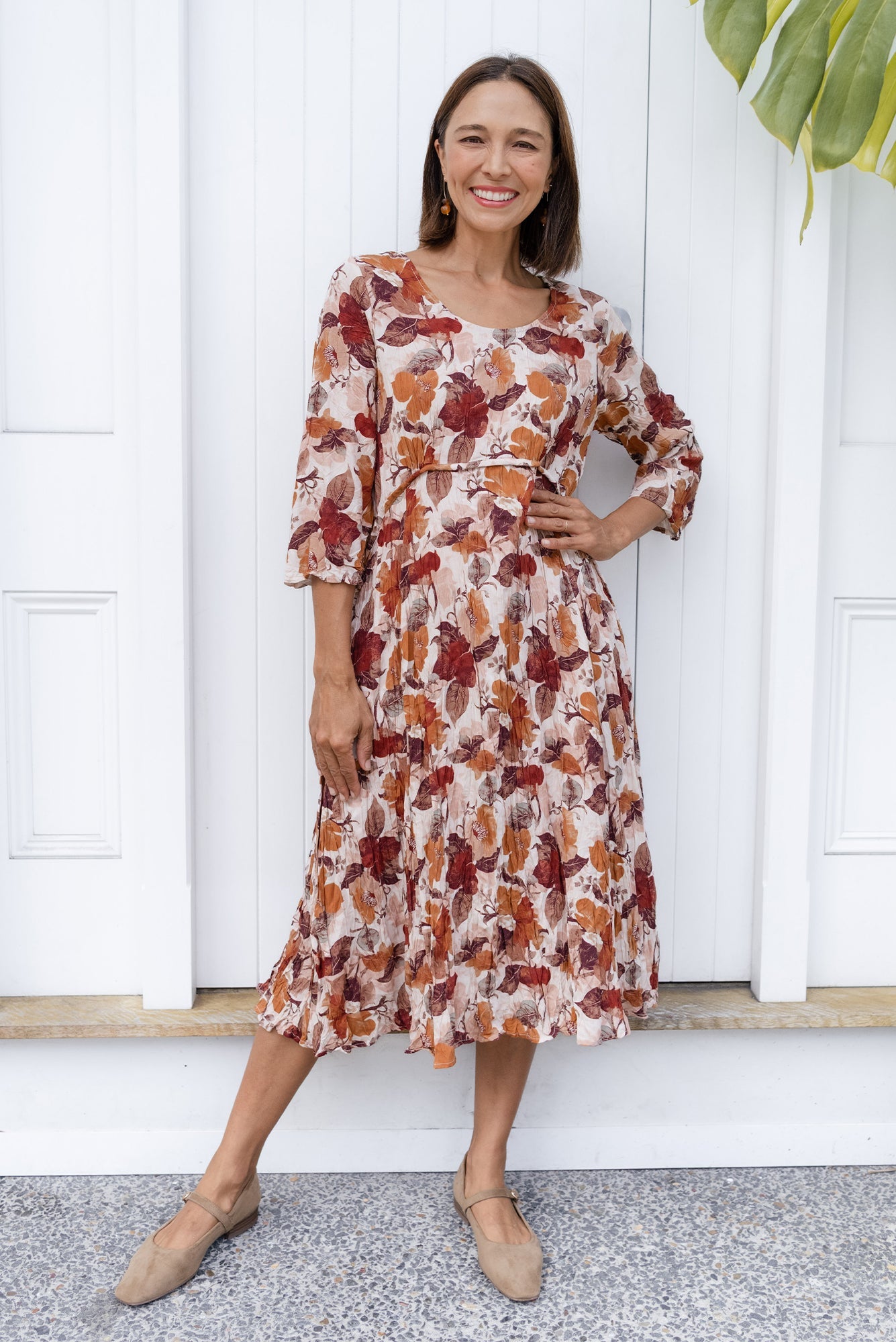 Nessa Brown Flower Crescent Dress Front View 2