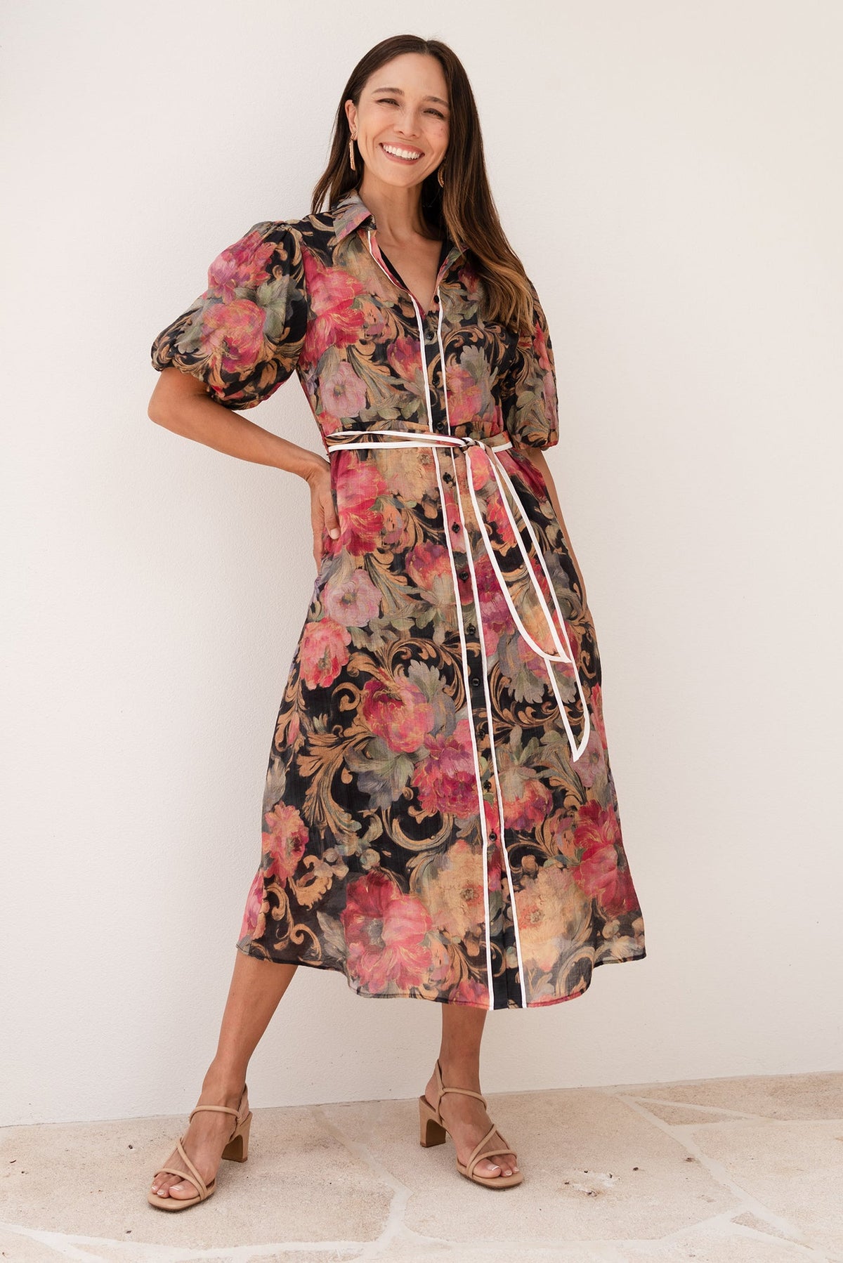 Hilma Black Floral Cotton Blend Tie Dress Front View 2