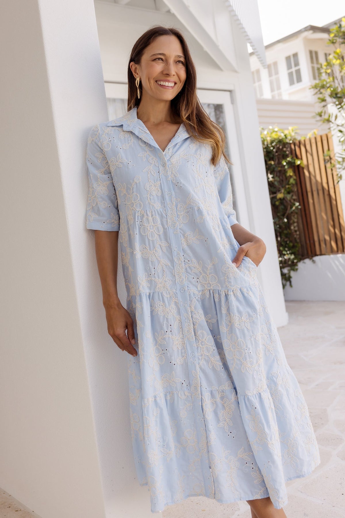 Heidi Blue Floral Embroidered Cotton Dress Front View 2