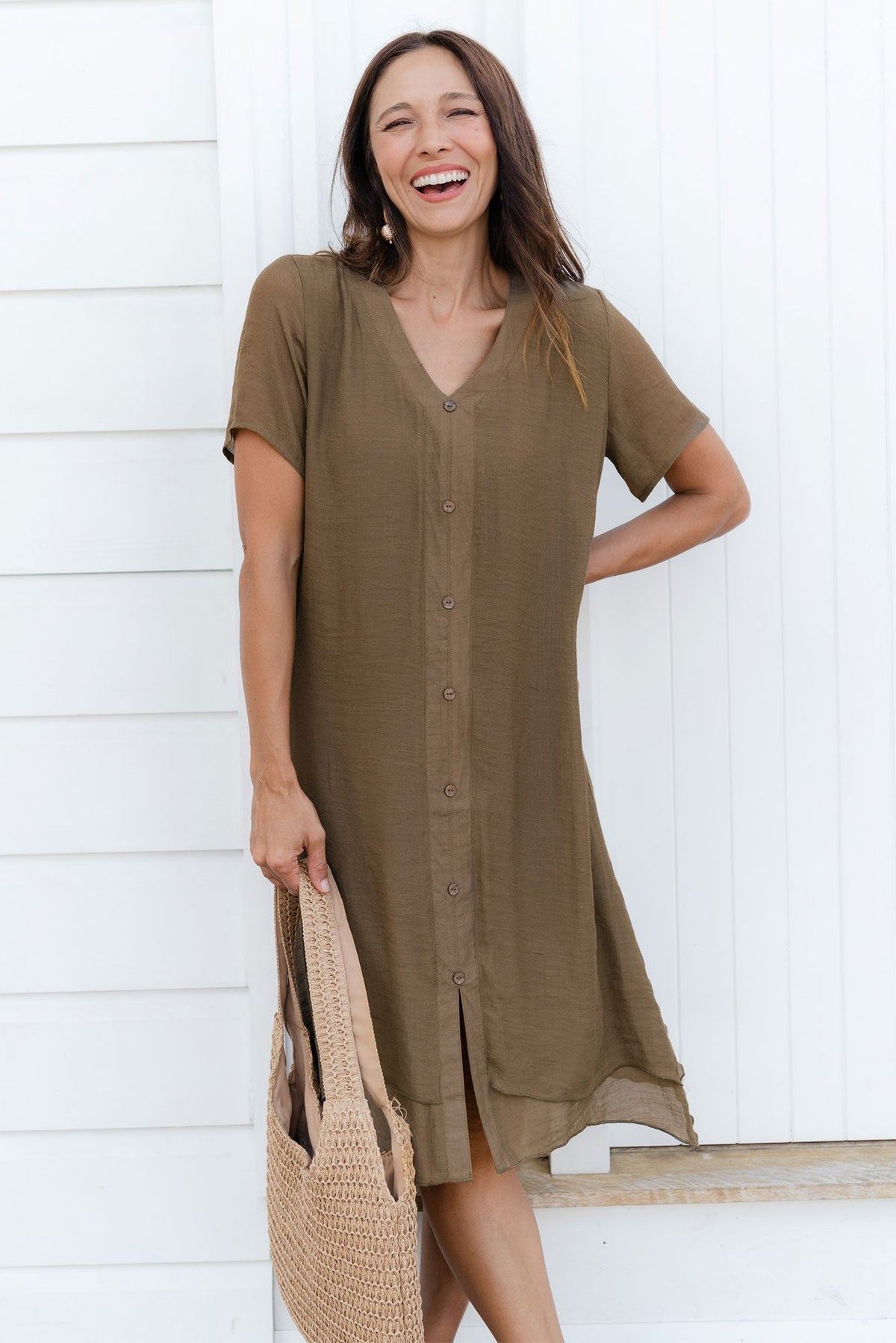Adelaide Chocolate Layered Button Dress Front View 2