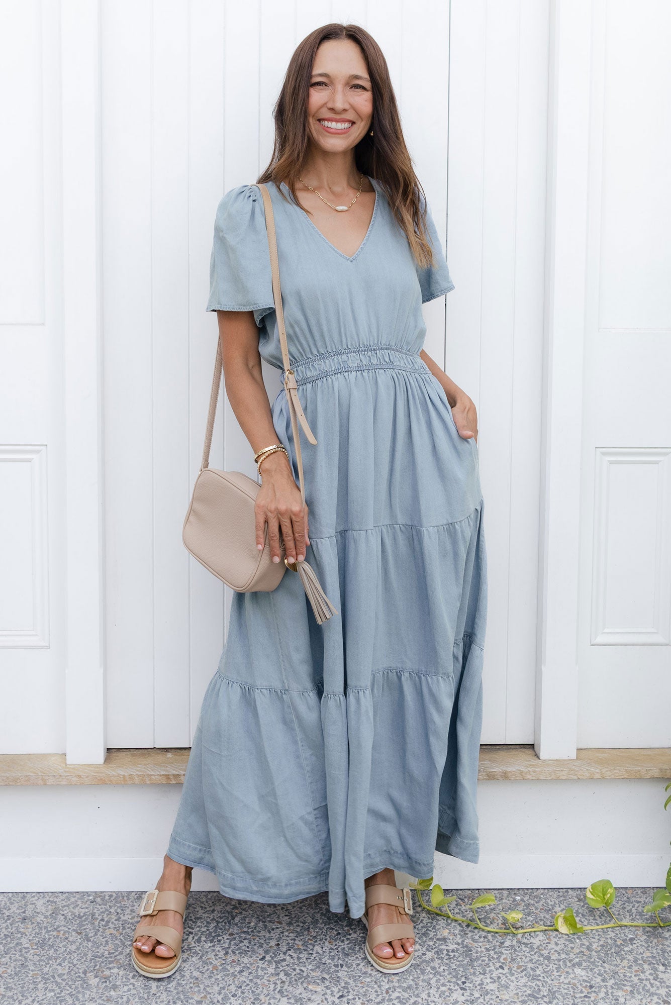 Luca Dark Blue Tencel Tier Dress Front View 2