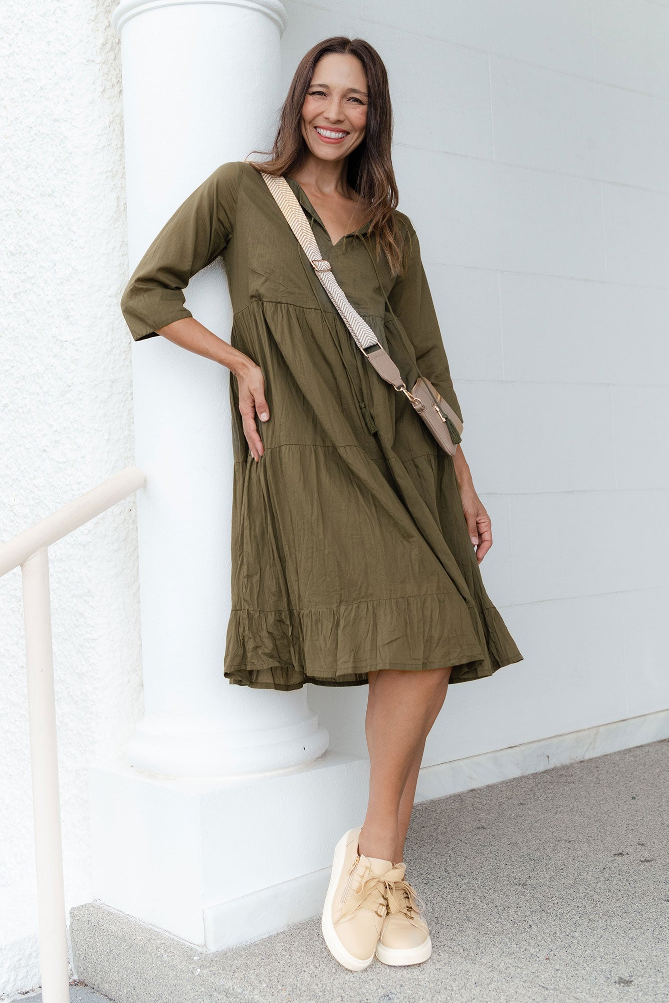 Milana Khaki Crinkle Cotton Dress Front View 2