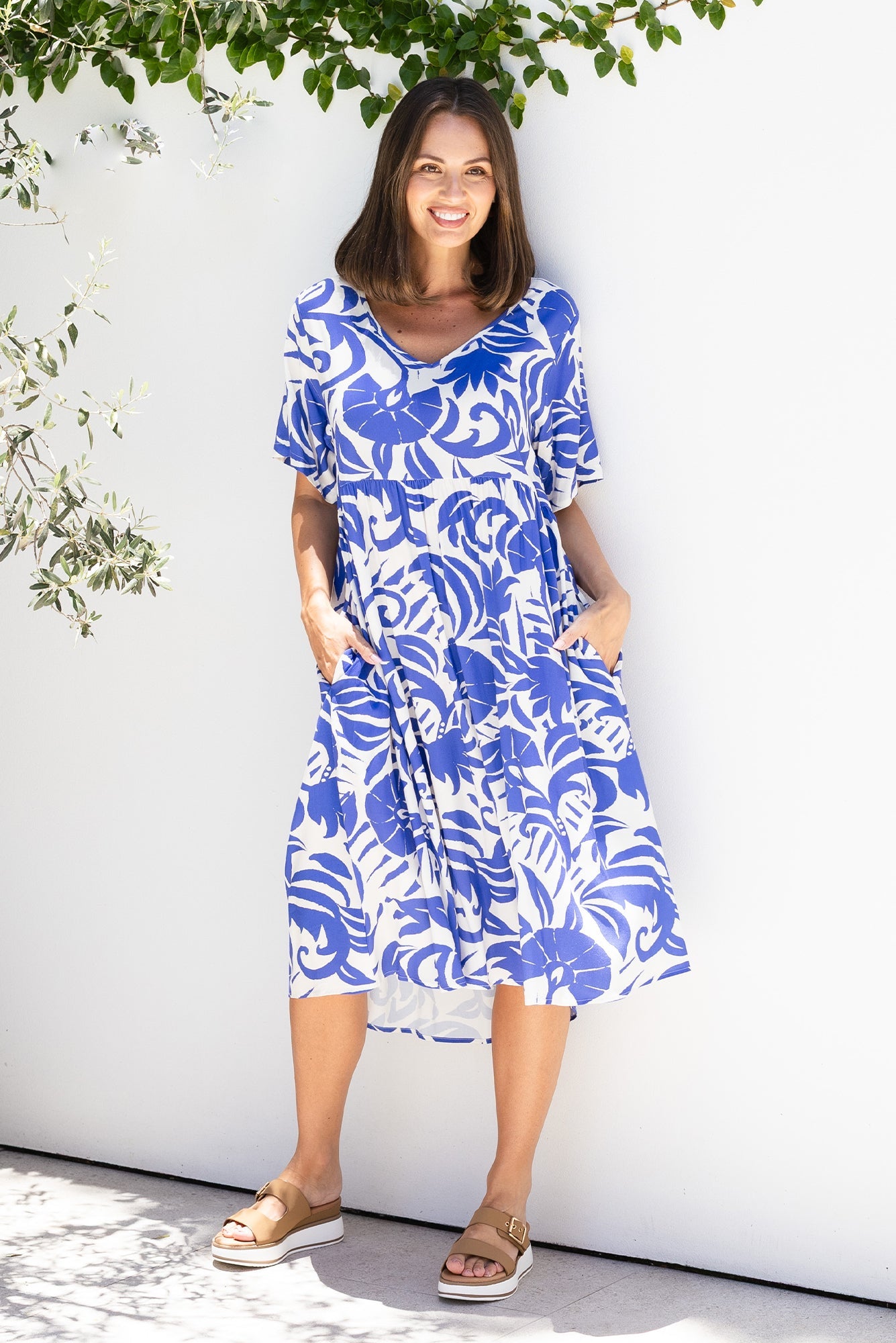 Sharlene Blue Botanical Midi Dress Front View 2